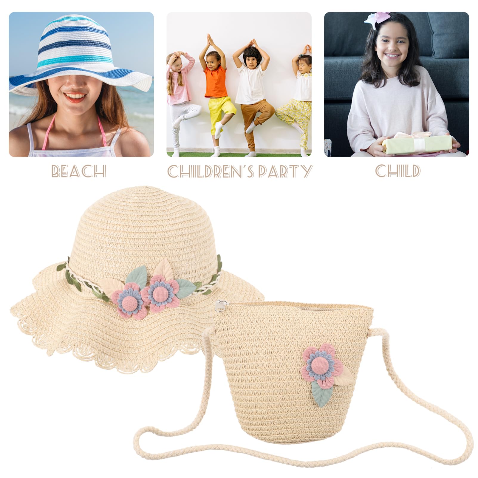 GALPADA Cappello da Spiaggia per Ragazze Cappello di Paglia Borsa di Paglia per Cappello da Sole Cappello da Spiaggia in Cappelli da Donna Cuffia da Spiaggia Cannuccia