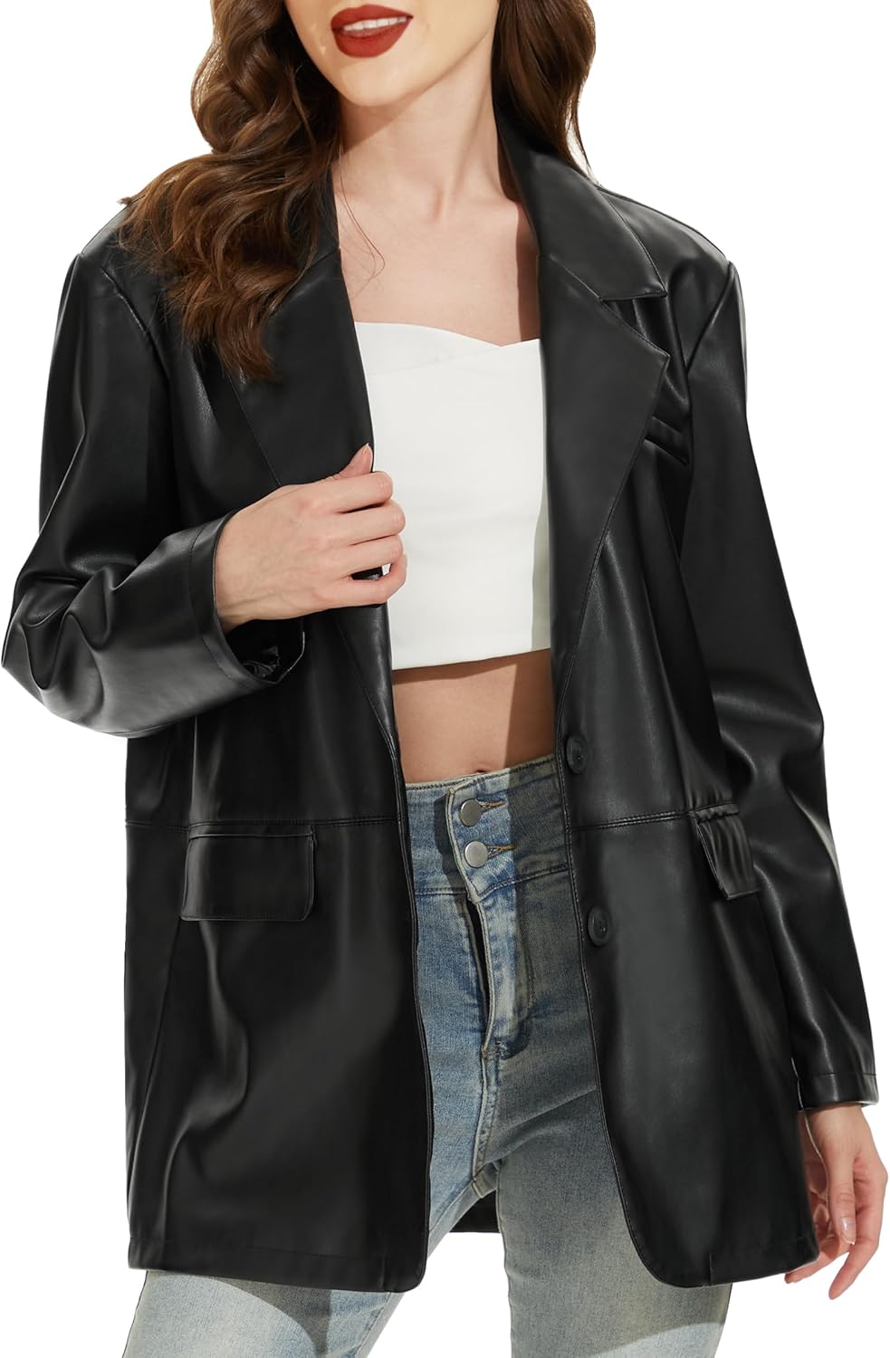 Fahsyee Women's Faux Leather Blazer Jackets, Motorcycle Oversized Moto Biker Coat Vegan Pleather Fashion