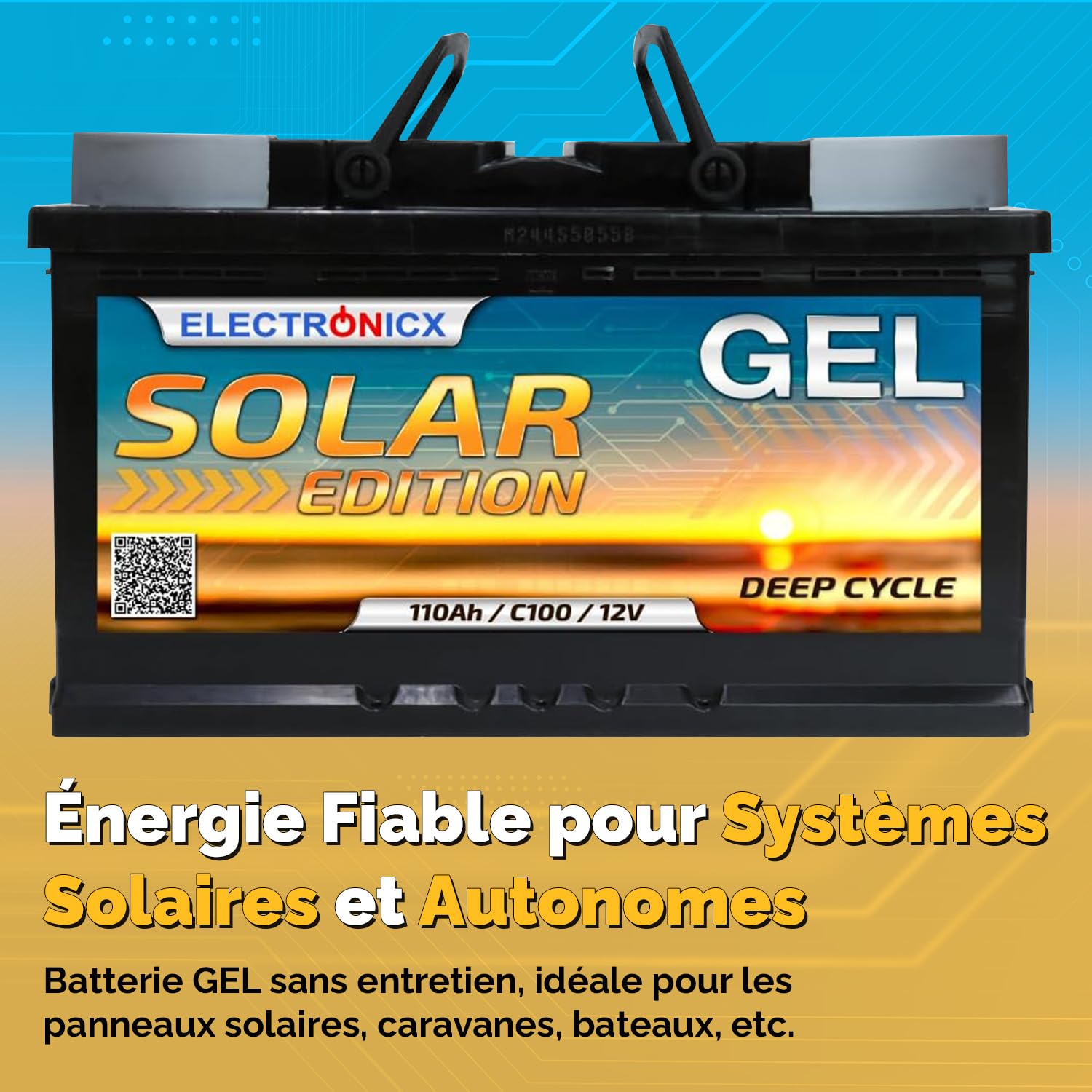 Electronicx Batterie Gel 12V 110Ah C100 Édition Solaire – Batterie de Service à décharge Lente 110 Ah – Technologie Gel – Borne Positive à Droite – Camping-Car Bateau Photovoltaïque