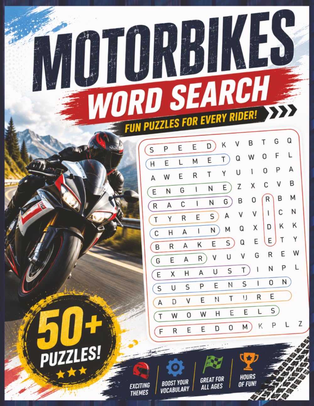 Motorbikes Large Print Word Search: 50+ Exciting Puzzles Featuring Motorcycles, Riding Terms, Parts, Racing, Maintenance, and Touring Adventures