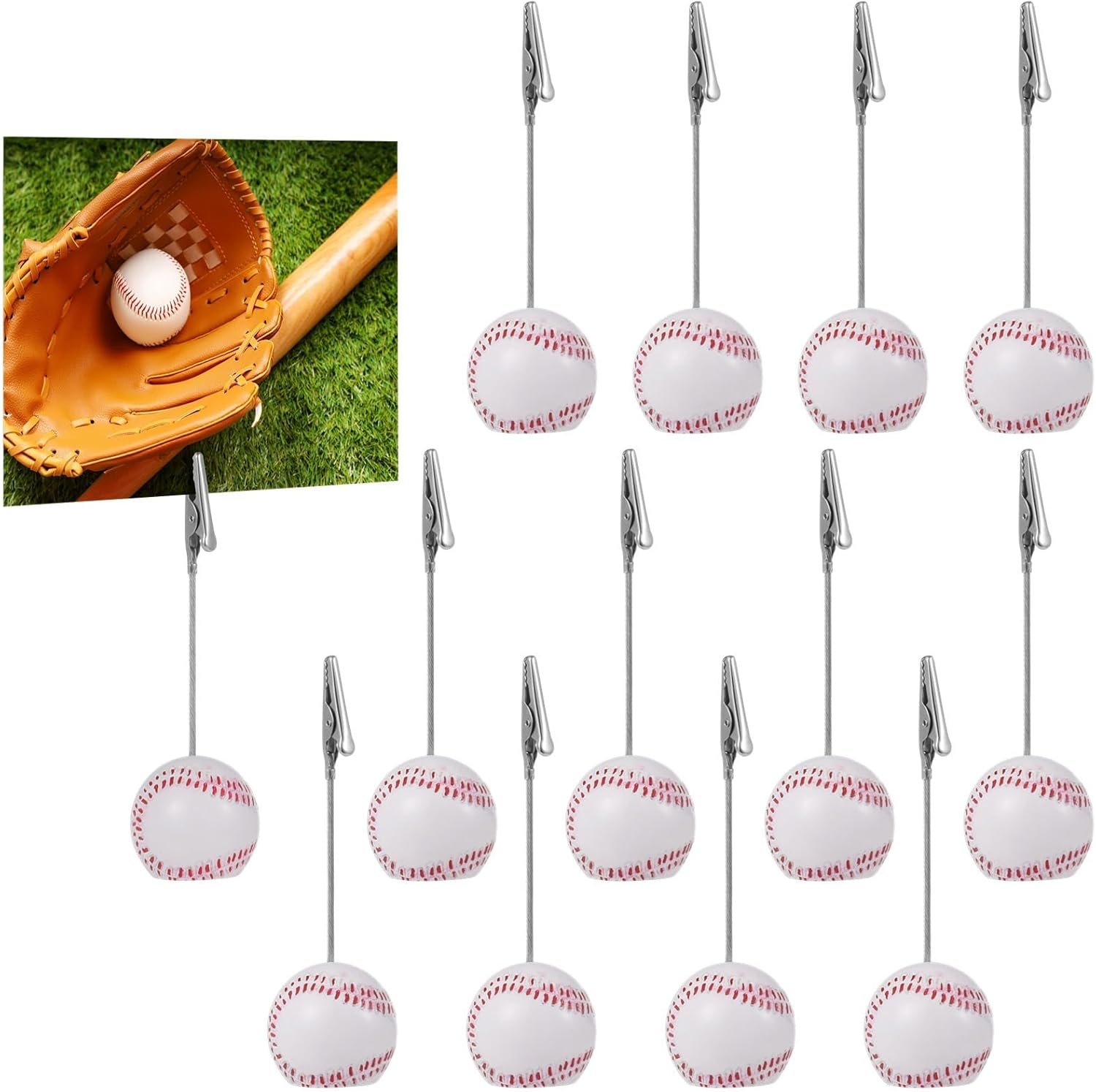 Resin Ball Bases & Alligator Clips with Table Number Card Holders, Sports Photo Stands, Note Paper Clips, Multi-Purpose Tag Stands for Wedding, Party, Event, 12 Pcs Baseball Memo Clips