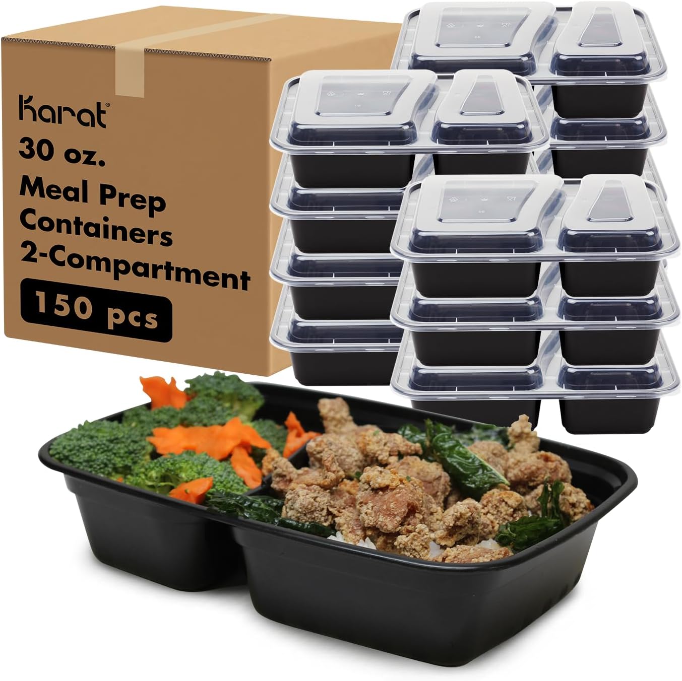 Karat Meal Prep Containers [30 oz - 150 ct] 2-Compartment, Reusable & Disposable Take Out Containers with Lids - Microwave & Dishwasher Safe Bento Boxes