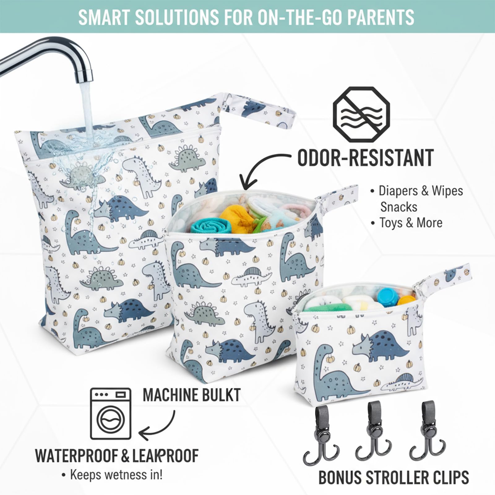 VEGCOO 3 Pcs Dinosaur Pattern Nappy Bags, Waterproof Wet Dry Bag Reusable Washable Cloth Diaper Swim Nappy - Image 3