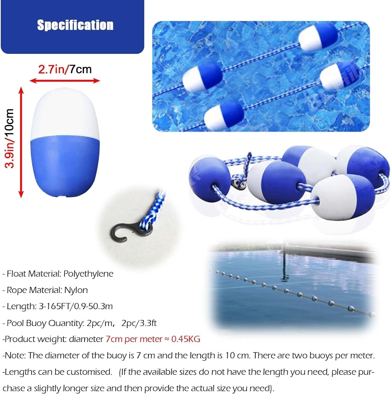 Cuerda For Piscinas Comerciales, Kit De Cuerda Y Flotador Piscinas,Paisajísticas/Parques Acuáticos,Entrenamiento,Flotadores(93Ft)