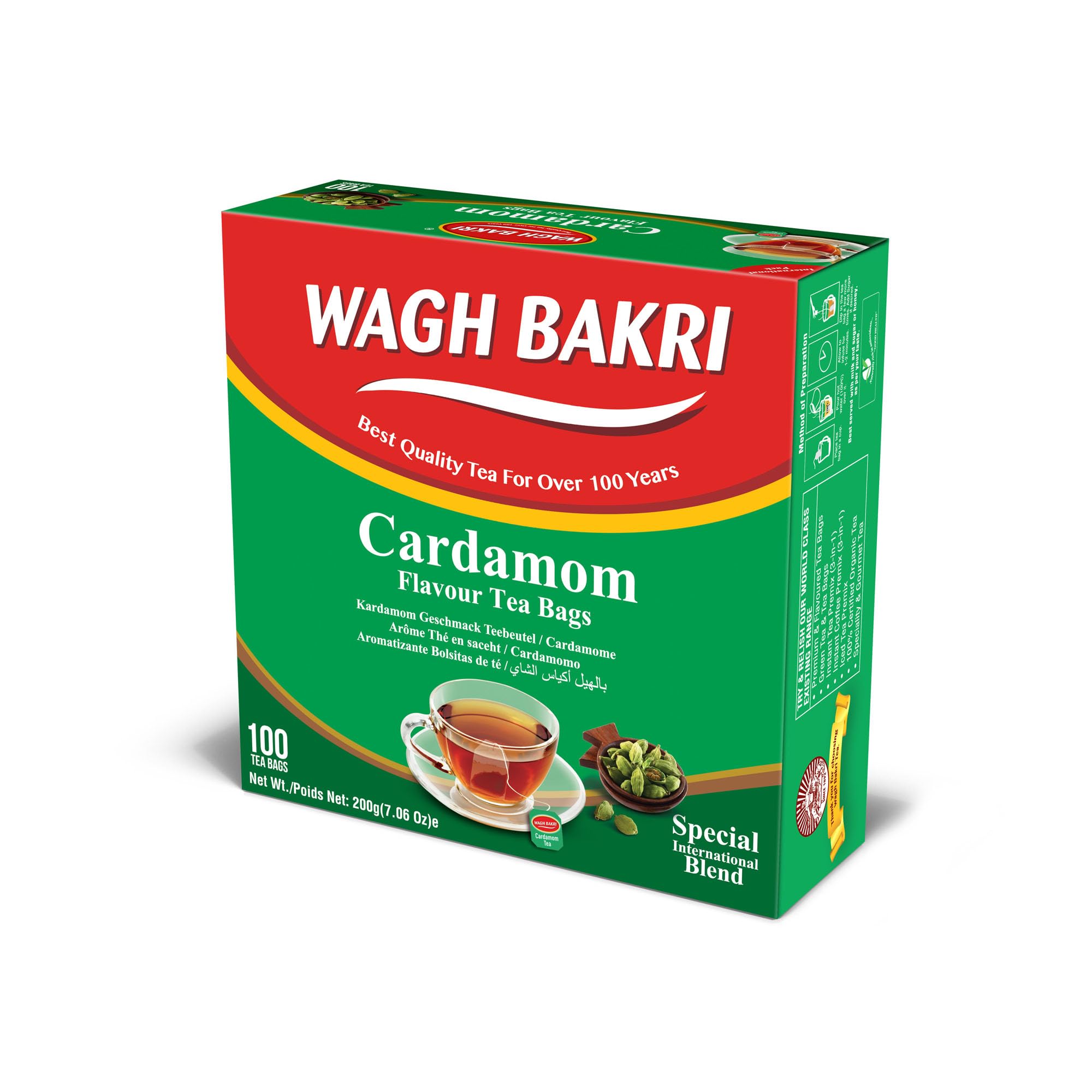Wagh Bakri Cardamom Flavour Tea bags, 100 Tea Bags of Special International Blend, 200 grams