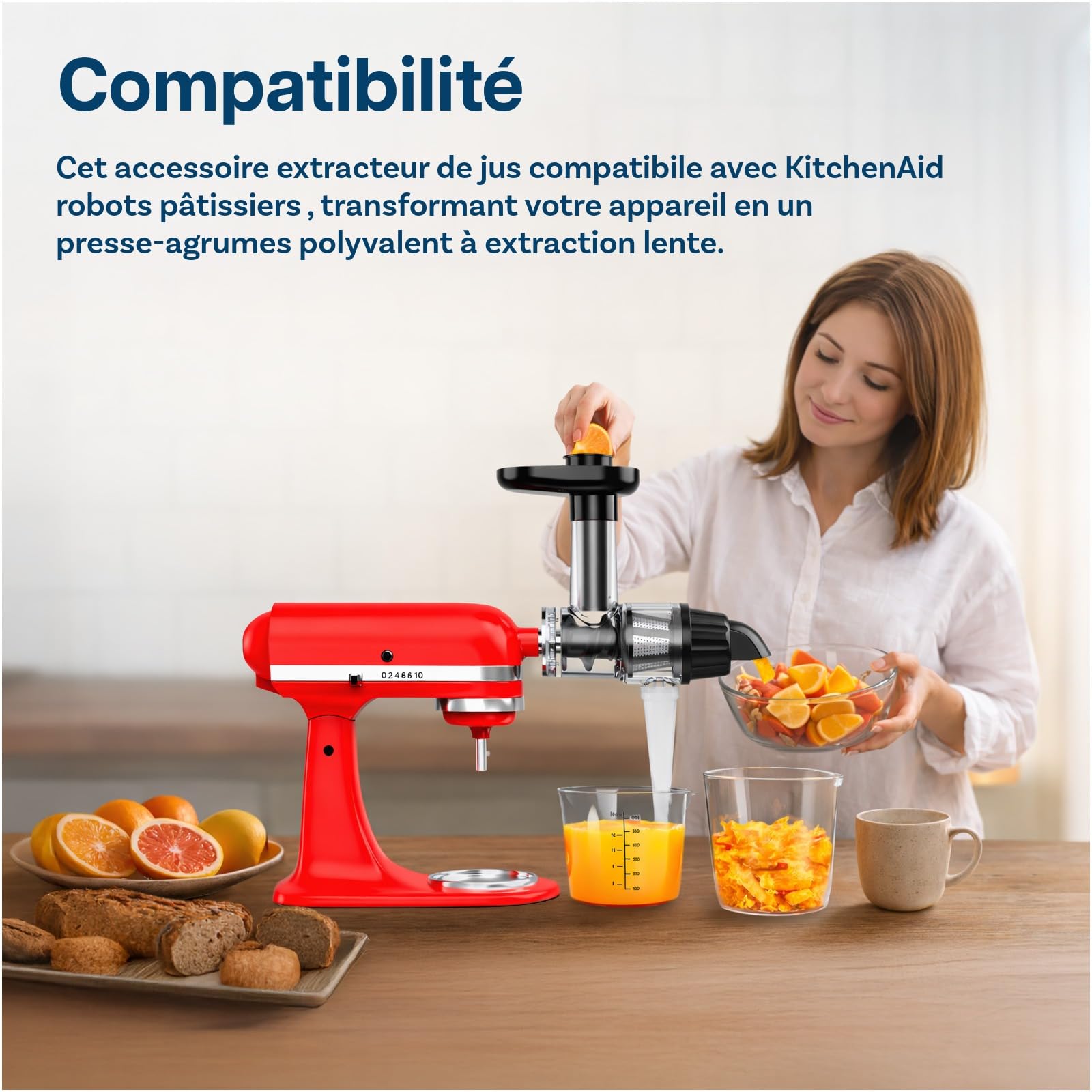 Extracteur de Jus pour KitchenAid von MMOBIEL – Accessoire de Slow Juicer à Froid, Extracteur de Jus de Fruits et Légumes – Avec Poussoir Alimentaire & Brosse de Nettoyage