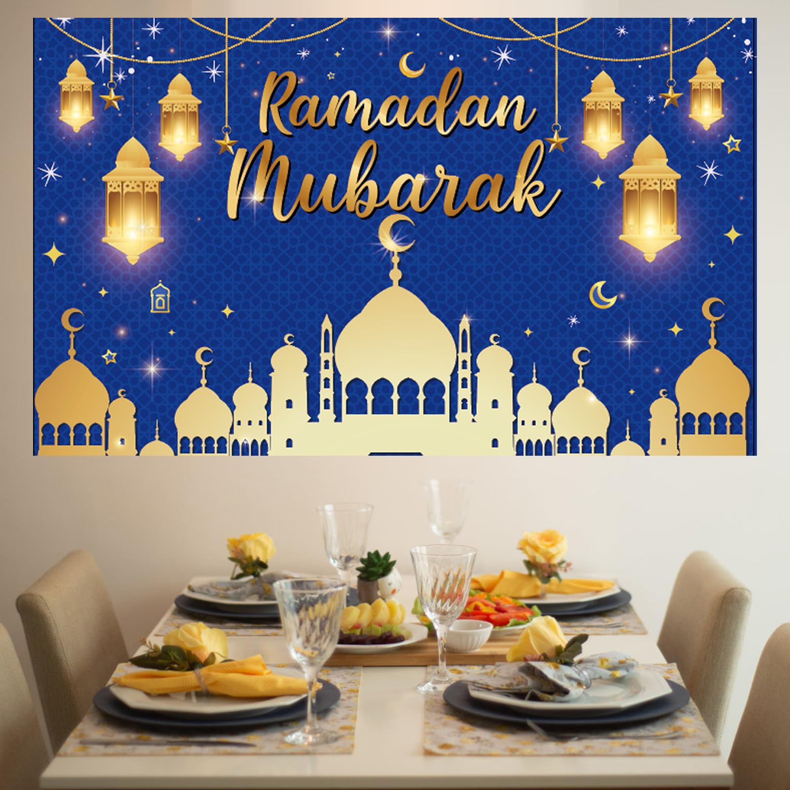 Ramadan Mubarak Dekoration – Banner & Wimpelkette In Gold & Blau, Für Eid & Ramadan Party