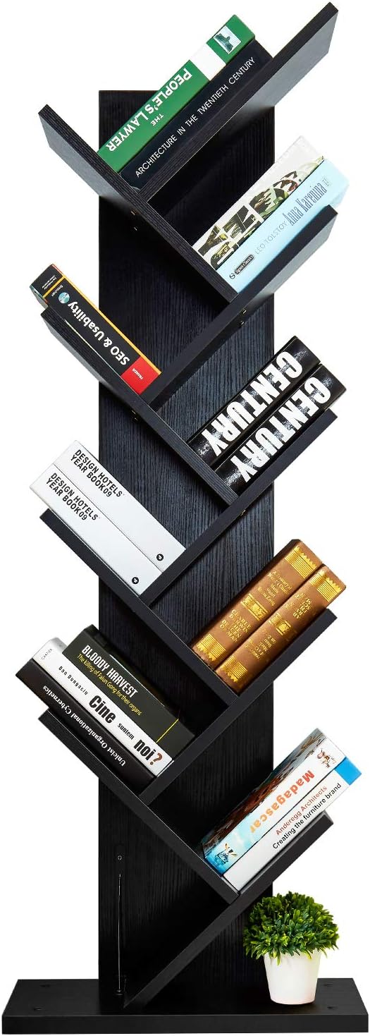 AUXLEY Tree-Shape Bookshelf Thickened Compact Book Rack Bookcase, 19.6” L9.8” W55.8” H, Black