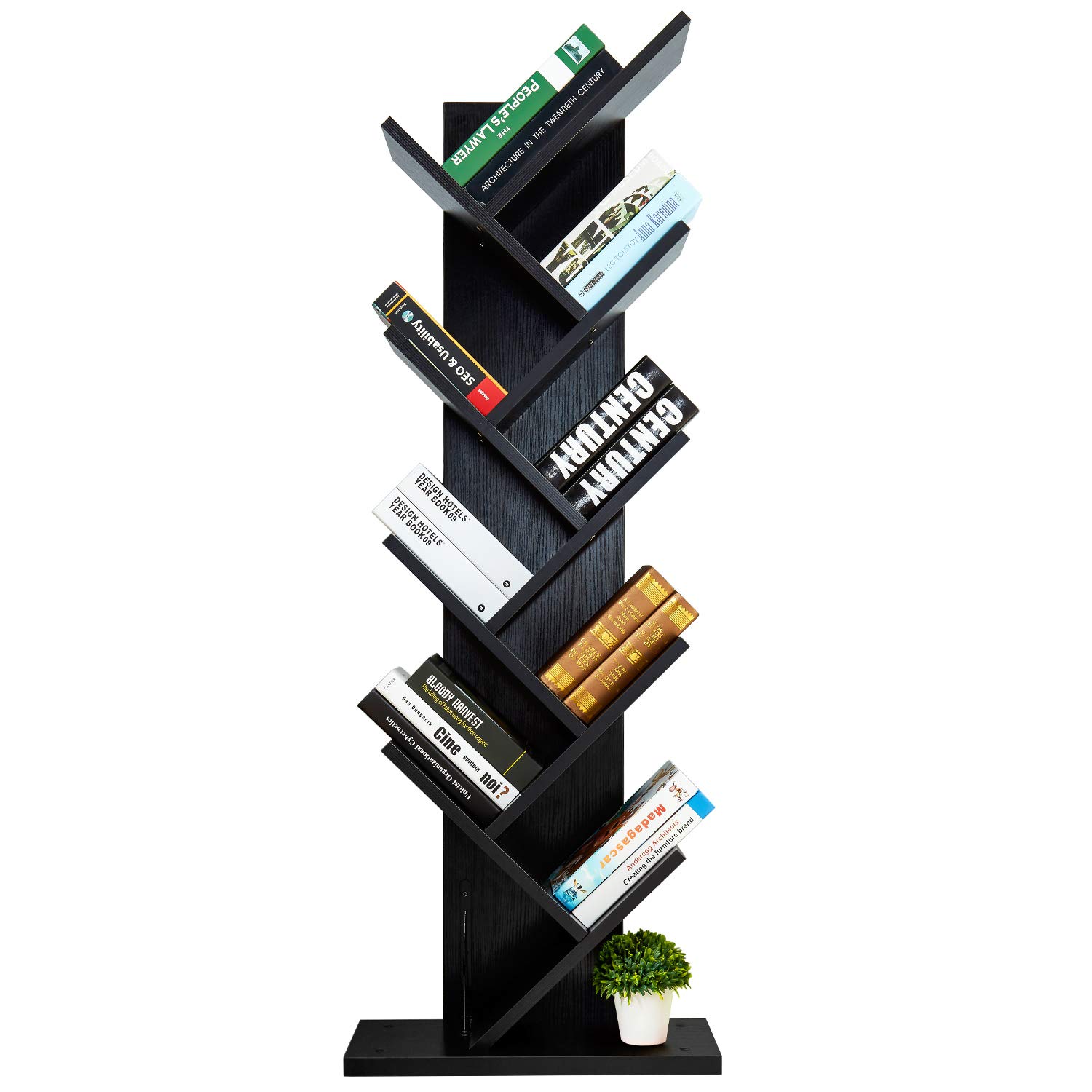 AUXLEY Tree-Shape Bookshelf Thickened Compact Book Rack Bookcase, 19.6” L9.8” W55.8” H, Black