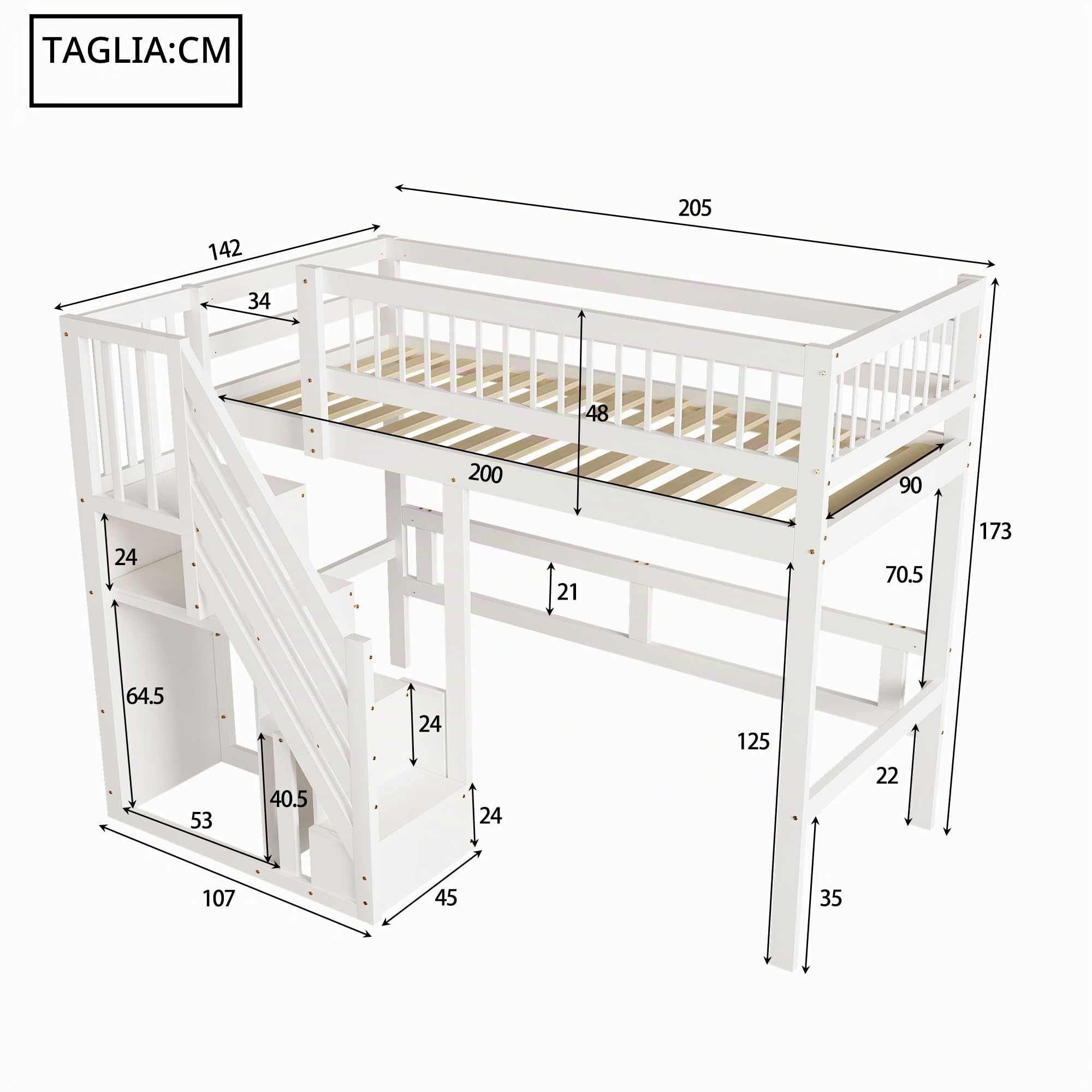 Letto a soppalco 90 x 200 cm, telaio in legno massello, letto per adolescenti, con spazio di archiviazione, letto singolo, salvaspazio