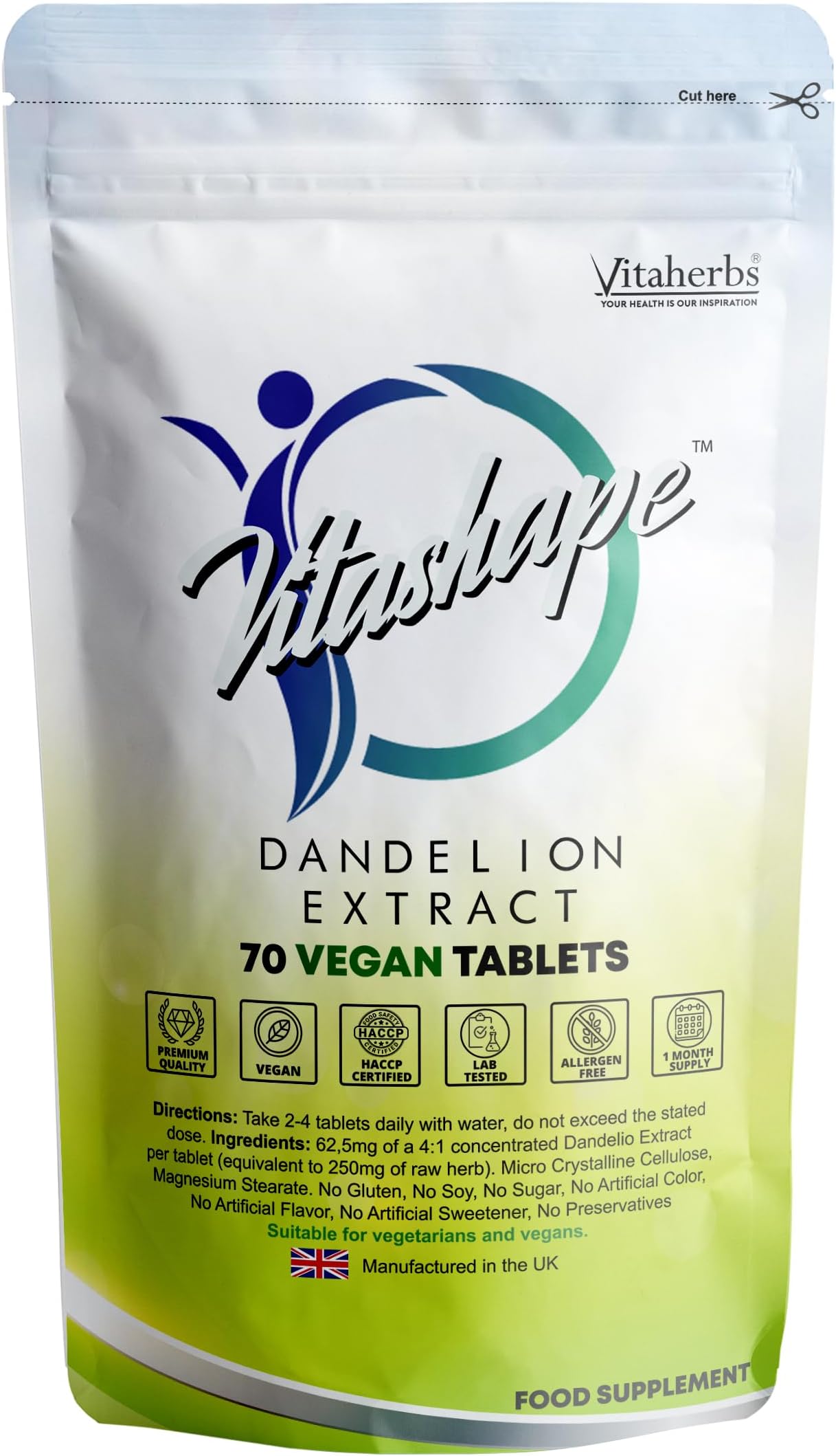 VITASHAPE® - 70 Vegan Tablets | Dandelion Root Extract Water Retention Tablets ✓ Water Balance Support ✓ Detox & Cleanse ✓ Liver Health ✓ Premium Ingredients ✓ Natural Product - Vitaherbs