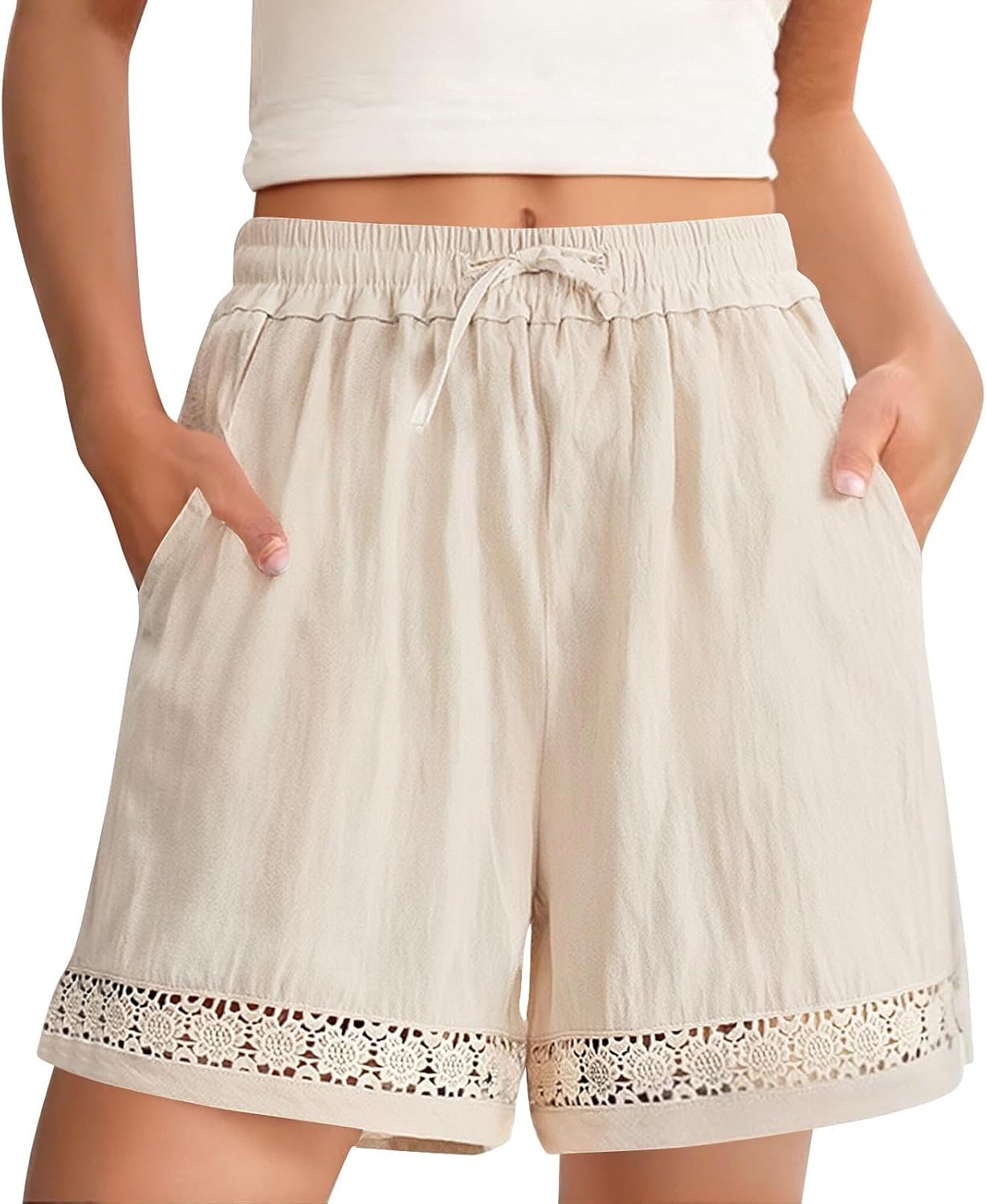 Womens Linen Shorts High Waisted Lace Trim Drawstring Elastic Waist Casual Shorts Comfy Loose Fit Summer Pants