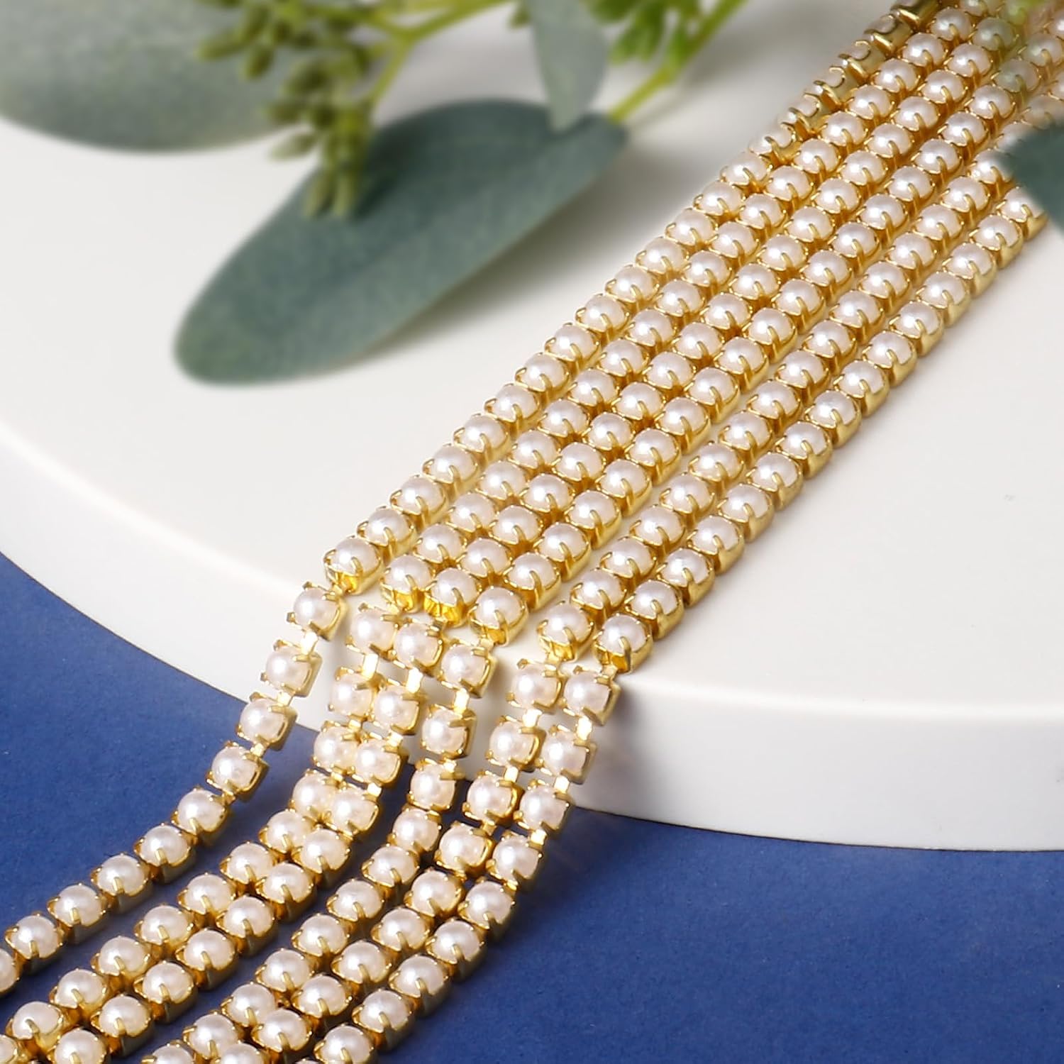 10 Yards Gold Pearl Trim Chain for Craft, 3MM Pearl Beaded Cup Chain Trim by Yard for Sewing DIY Crafts Jewelry Making Decoration