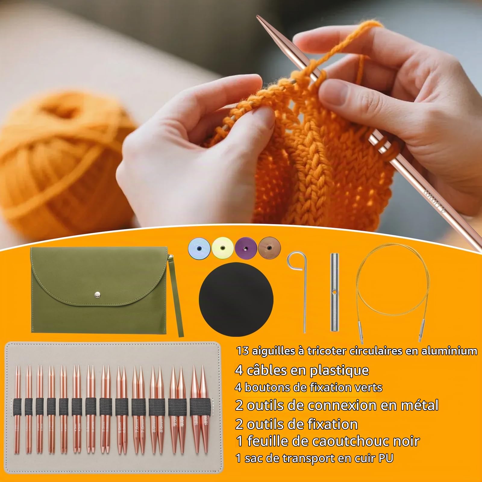 Iswawo Lot de 13 paires d'aiguilles à tricoter circulaires interchangeables de 3,0 à 10,0 mm - Avec 4 sacs à cordes, pour projets de tricot, débutants et professionnels, en aluminium (or rose)