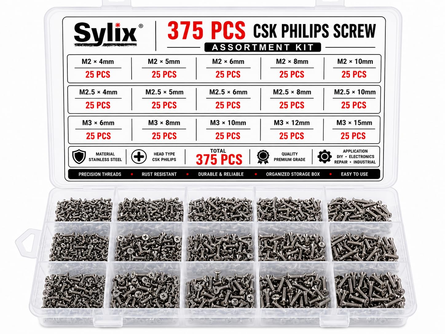 SYLIX Stainless Steel Fastener Assortment Kit | Nuts, Bolts, Screws, Flat Washers & Spring Washers | Multiple Sizes Hardware Fastener Set ((M2,M2.5,M3 CSK Philips Box Pack Of 375 PS))-image-22