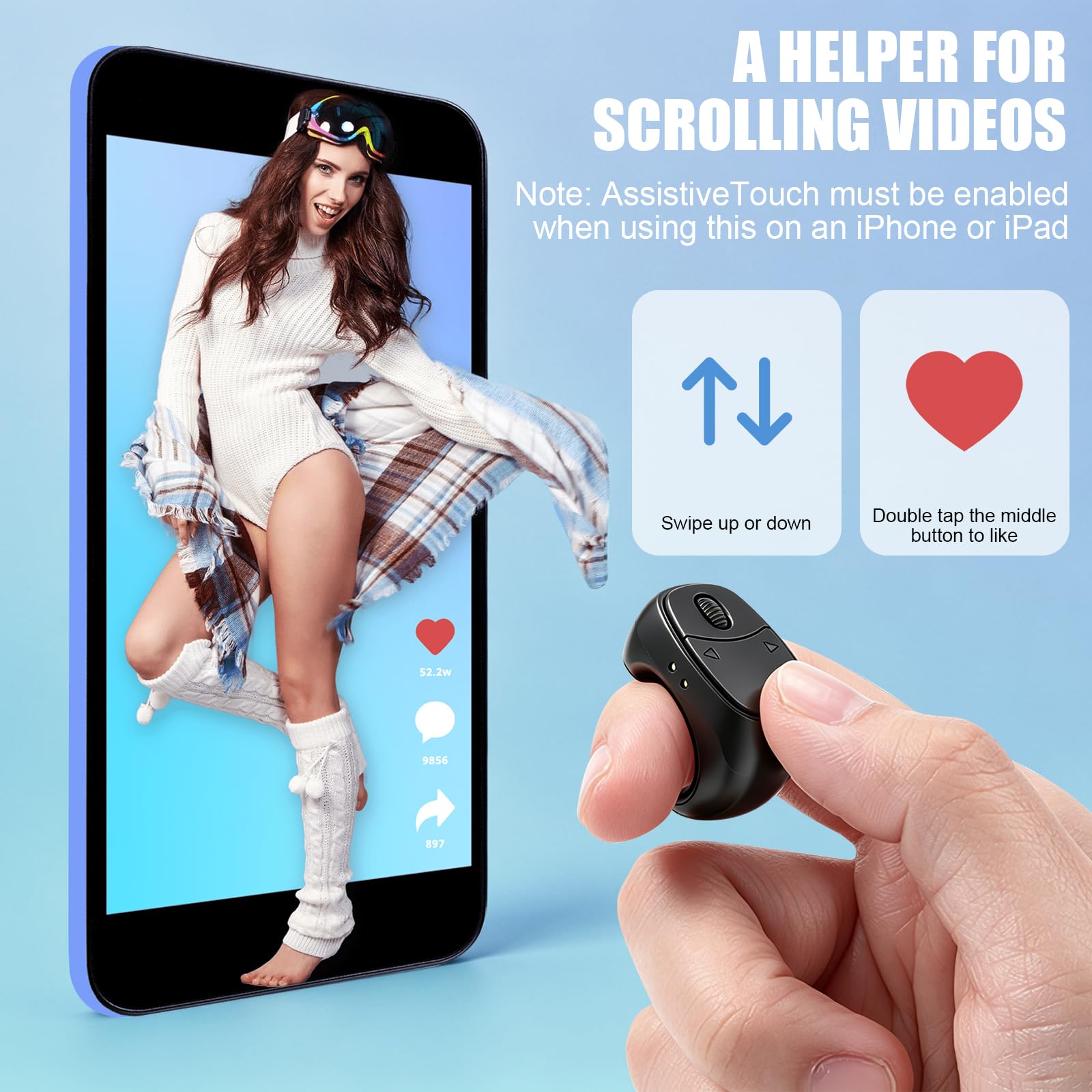 TikTok Bluetooth Scrolling Ring,Remote Page Turner,Fernbedienungsring, Mobile Selfie Lazy Controller für, iOS, Android, Kamera, Videoaufzeichnung, mit Ladegerät