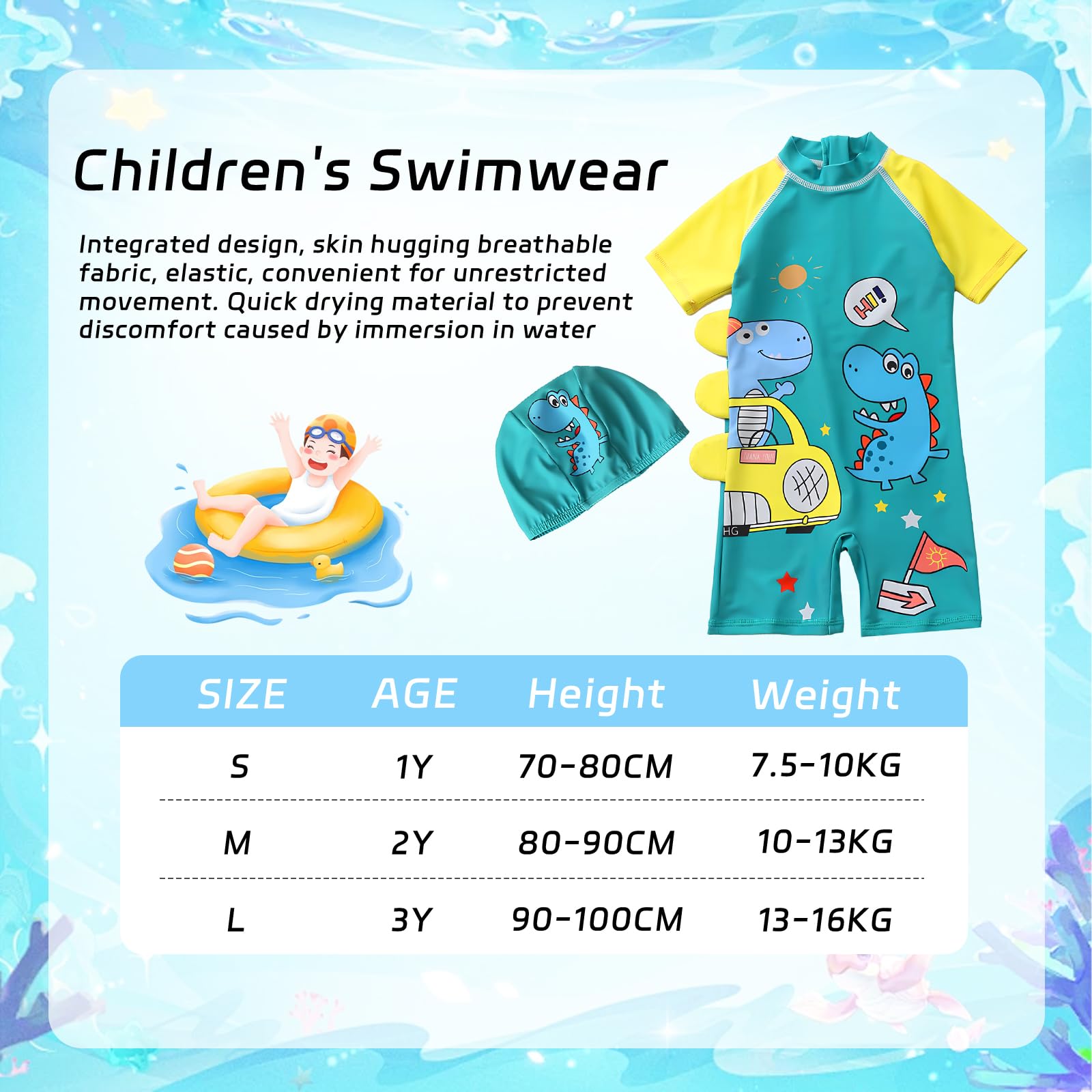 dellyy Costume da Bagno Intero Bambino con Cappello, Anti UV 50+ Costume Mare Bambino Manica Corta con Cerniera e Bottoni a Pressione, Costume Intero Neonato Anti-UV per Spiaggia e Piscina