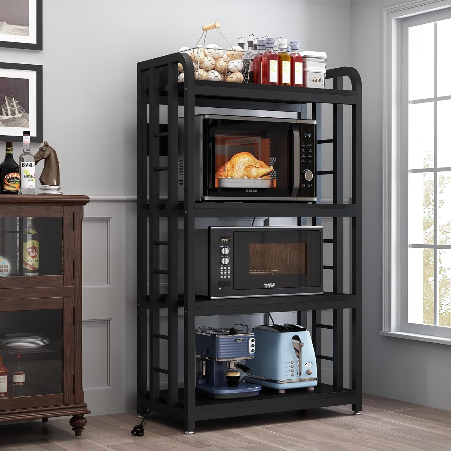 Bakers Rack with Power Outlet ?microwave stand 4-Tier Kitchen Baker's Rack, Free Standing Baker's Rack Kitchen Stands with Storage Suitable for Kitchen, Living Room, Dinning Room?Coffee Bar (Black)