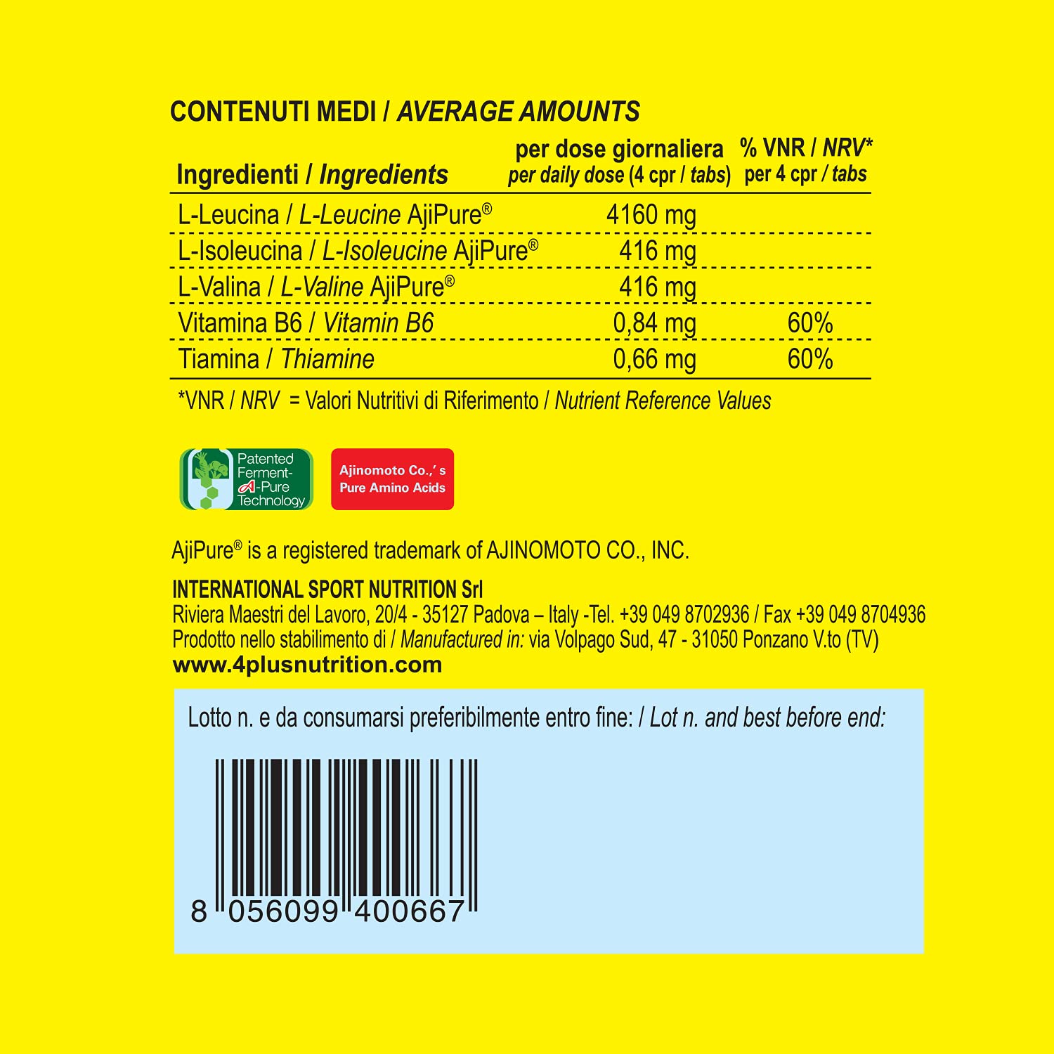 4+ Nutrition IAF00082244 BCAA+ 10:1:1, 240 Compresse
