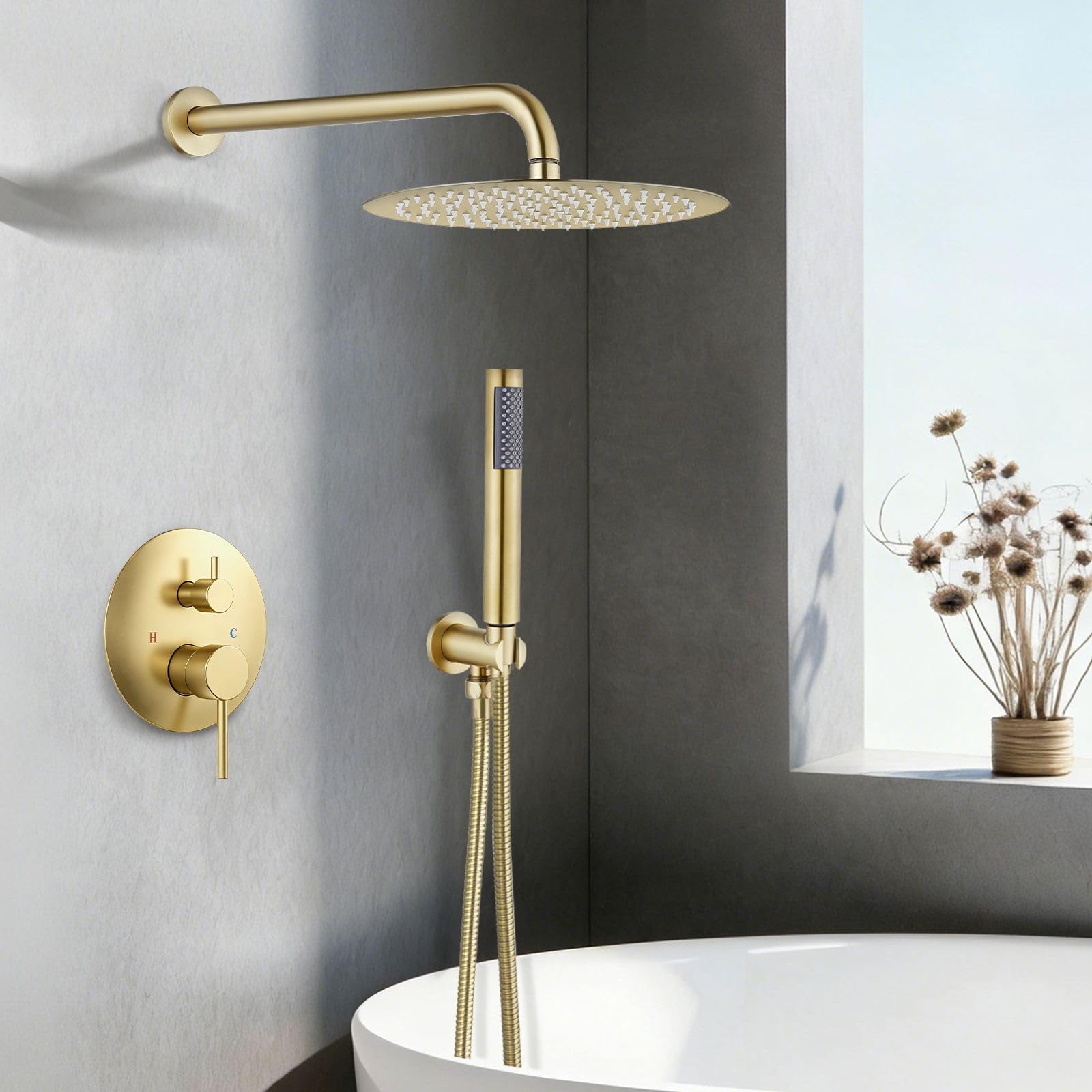 SaniteModar Unterputz Duscharmatur Set, Gebürstetes Gold | Rund. 25cm Regendusche, 1,5m Schlauch; leichtreinig. Silikon-Düsen; verstecktes Design; keine Wandbeschädigung bei Rep