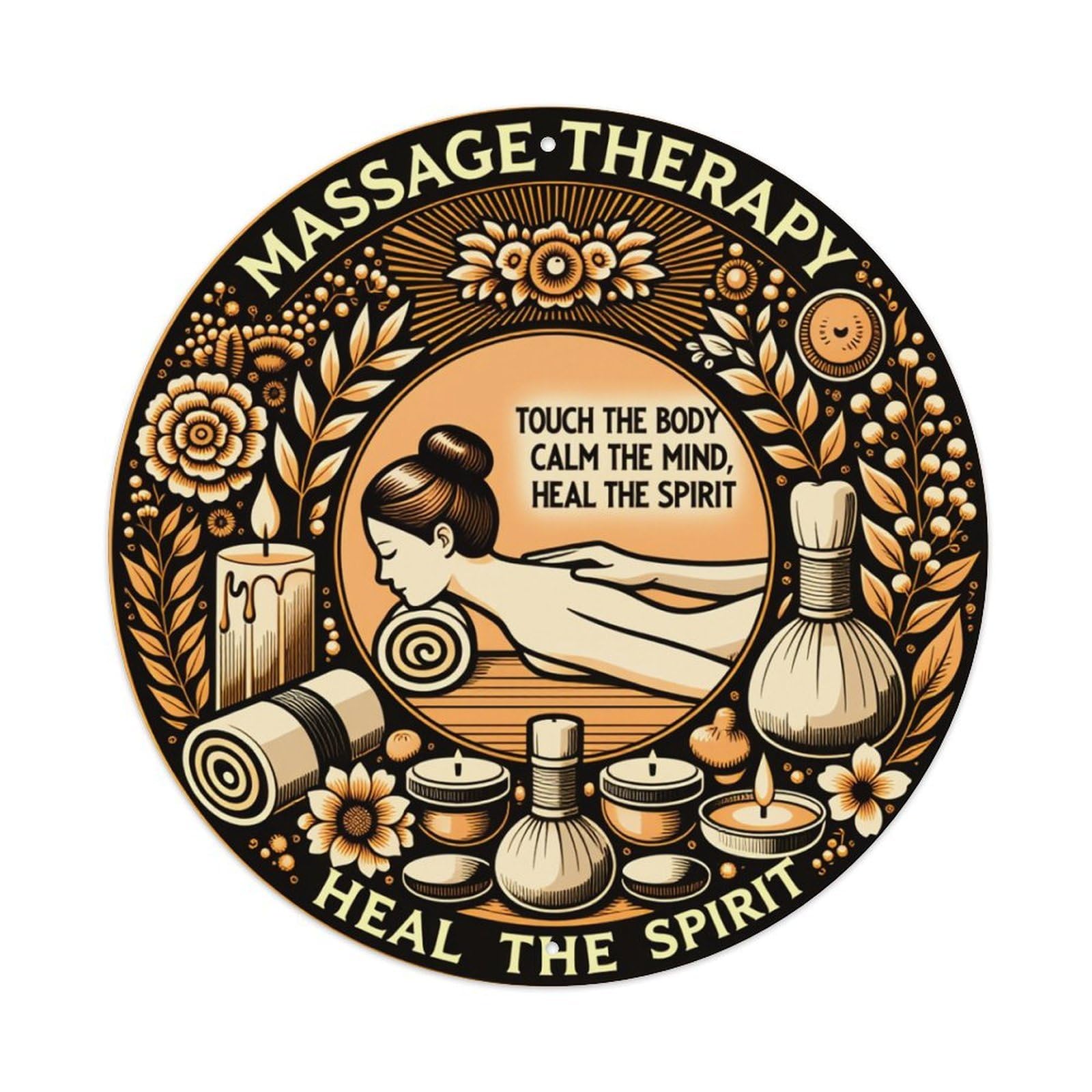 Wmlzdnwr Vintage Massage Therapy Touch Body Calm Mind Heal Spirit Round Tin Sign,Retro Wall Art,Metal Poster For Home, Bar, Garage, Cafe, Rustic Indoor & Outdoor Decor, 8X8 Inches