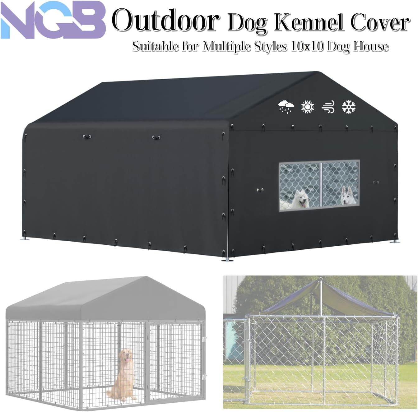 NGB Dog Kennel Cover,With a transparent window、Multi-strand elastic ball rope,Made From 600D Waterproof Oxford Fabric, This Replacement Cover Provides Full Coverage for Your Kennel,10'×10'×5.9'.