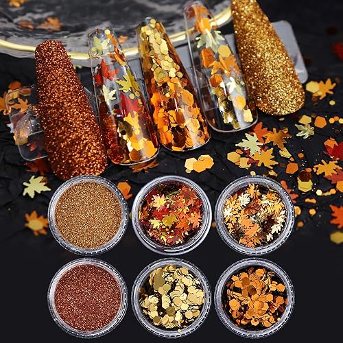 Miniatura 5 de Arte de uñas de otoño dorado con purpurina de hoja de arce, 6 frascos de hojas de otoño 3D, decoración de copos de purpurina de uñas de hojas de