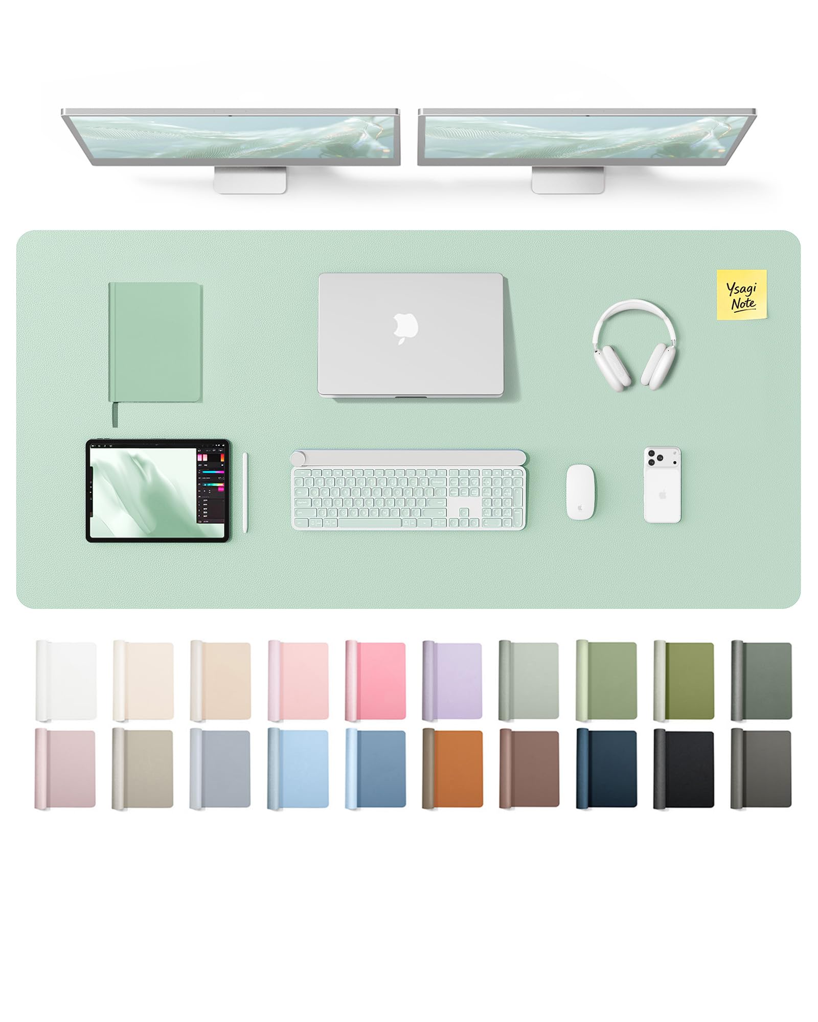 YSAGi Leather Desk Pad Protector, Office Desk Mat, Large Mouse Pad, Non-Slip PU Leather Desk Blotter, Laptop Desk Pad, Waterproof Desk Writing Pad for Office and Home (Pale Green,55" x 24") Pale Green 55" x 24"