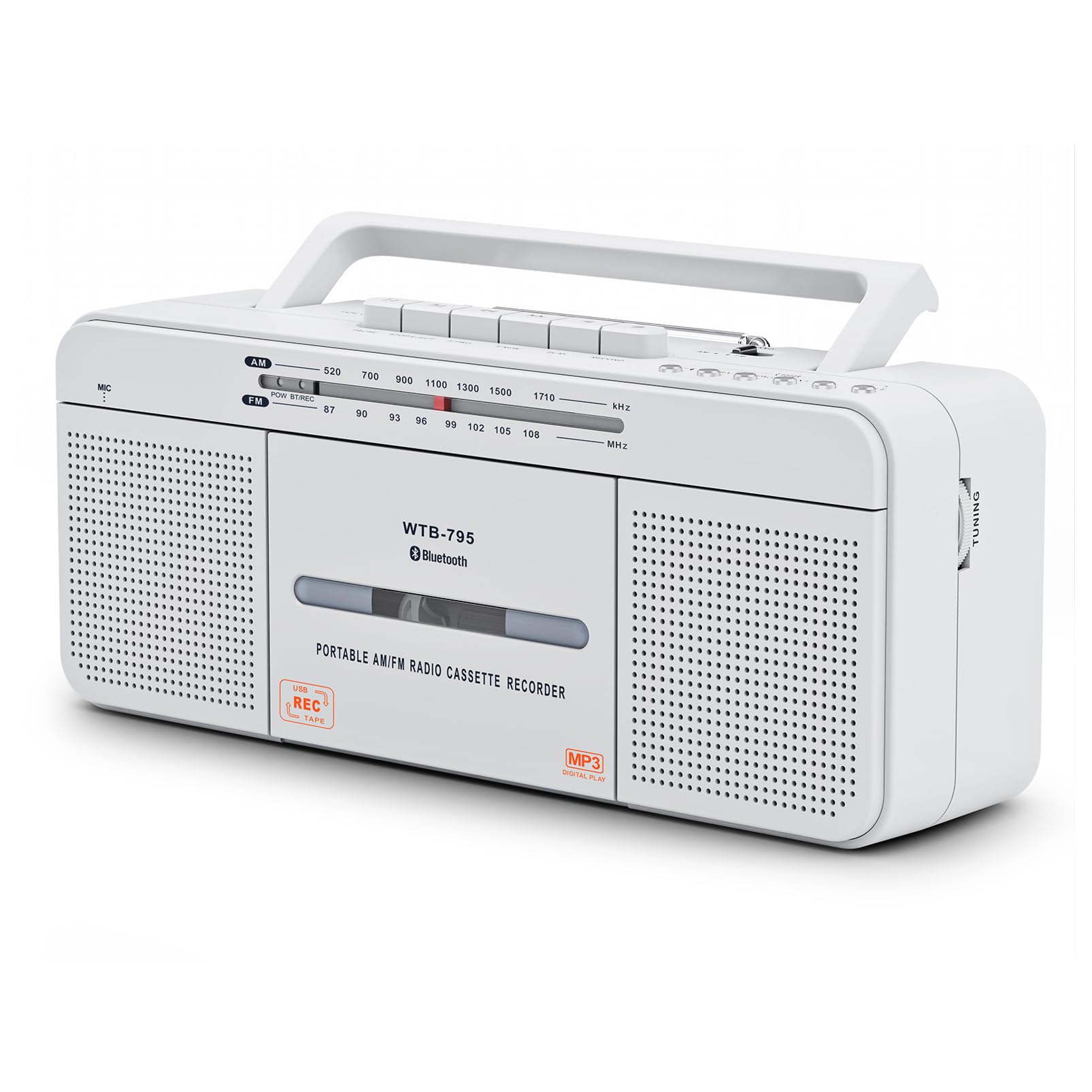 Grabador de casete portátil retro con radio AM/FM, Bluetooth, micrófono integrado, reproducción y grabación USB, grabación de cinta, conector de auriculares, reproductor de casete AC/DC, Boombox