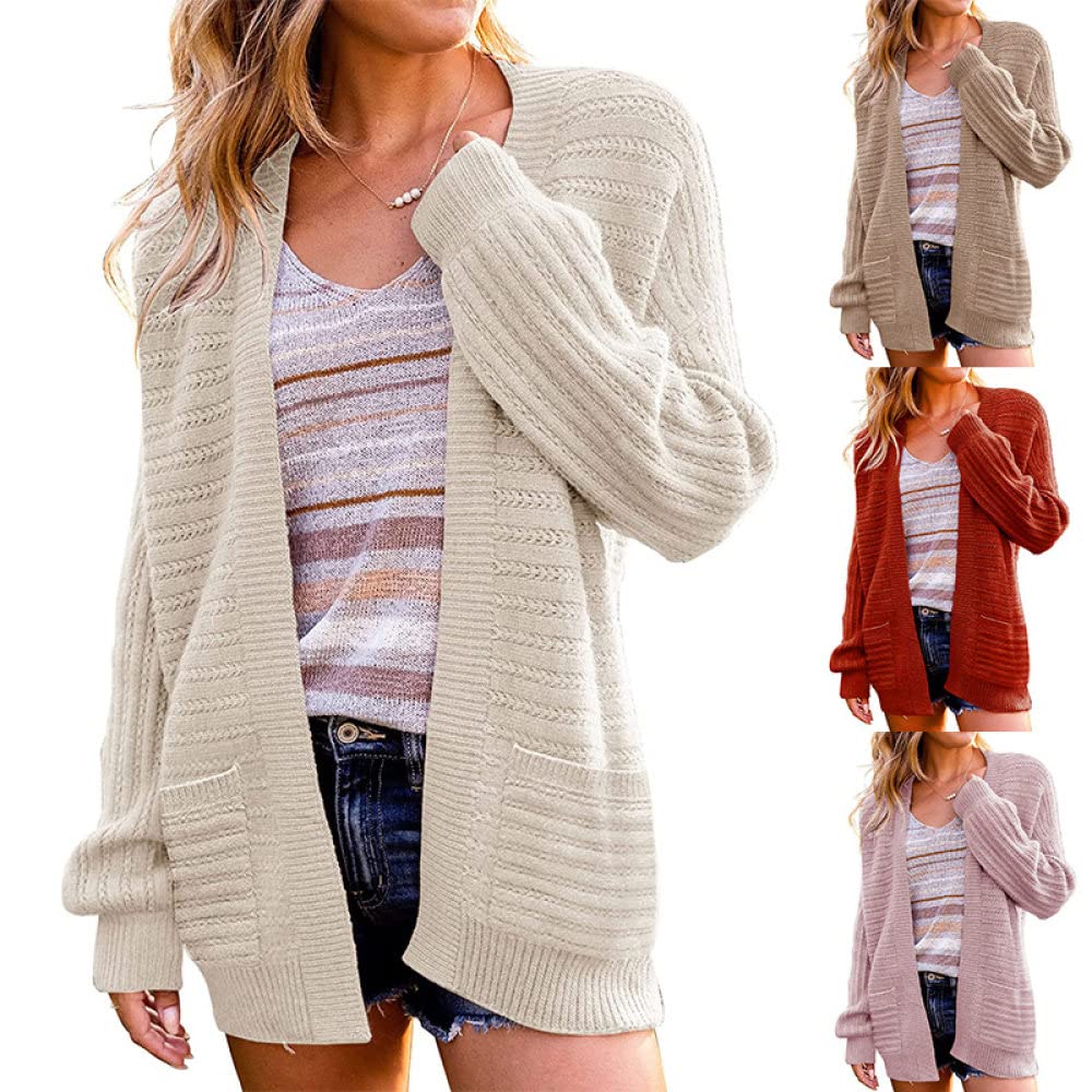 HGJH Pullover Damen, Damen-Strickpullover Vorne Offen Cardigan Strick Aushöhlen Kimono Zwei Taschen Einfarbig Creme Cardigan Weich Elegante Leichte Herbstjacke Für Lässiges Business