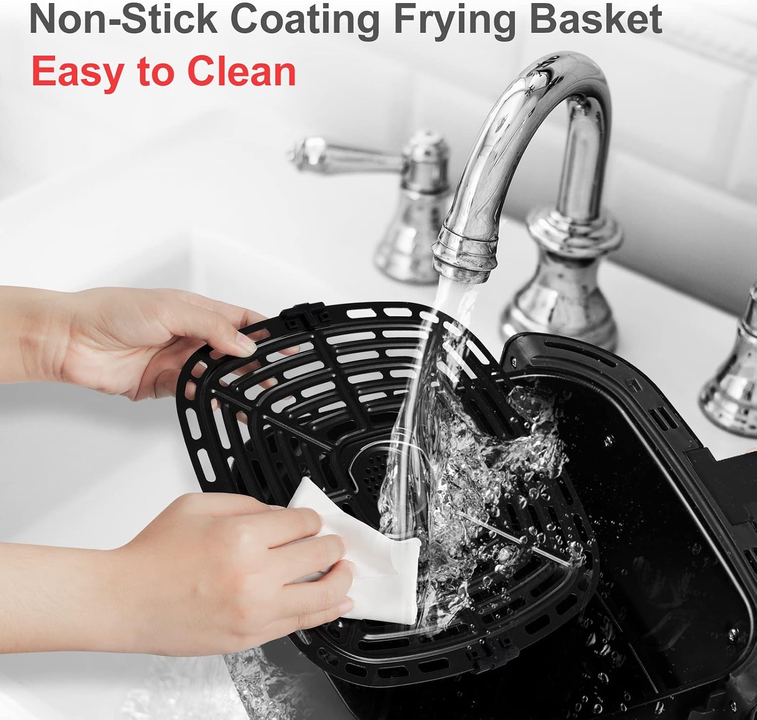 Hands cleaning the non-stick frying basket of the Bonsenkitchen Air Fryer under running water in a sink.
