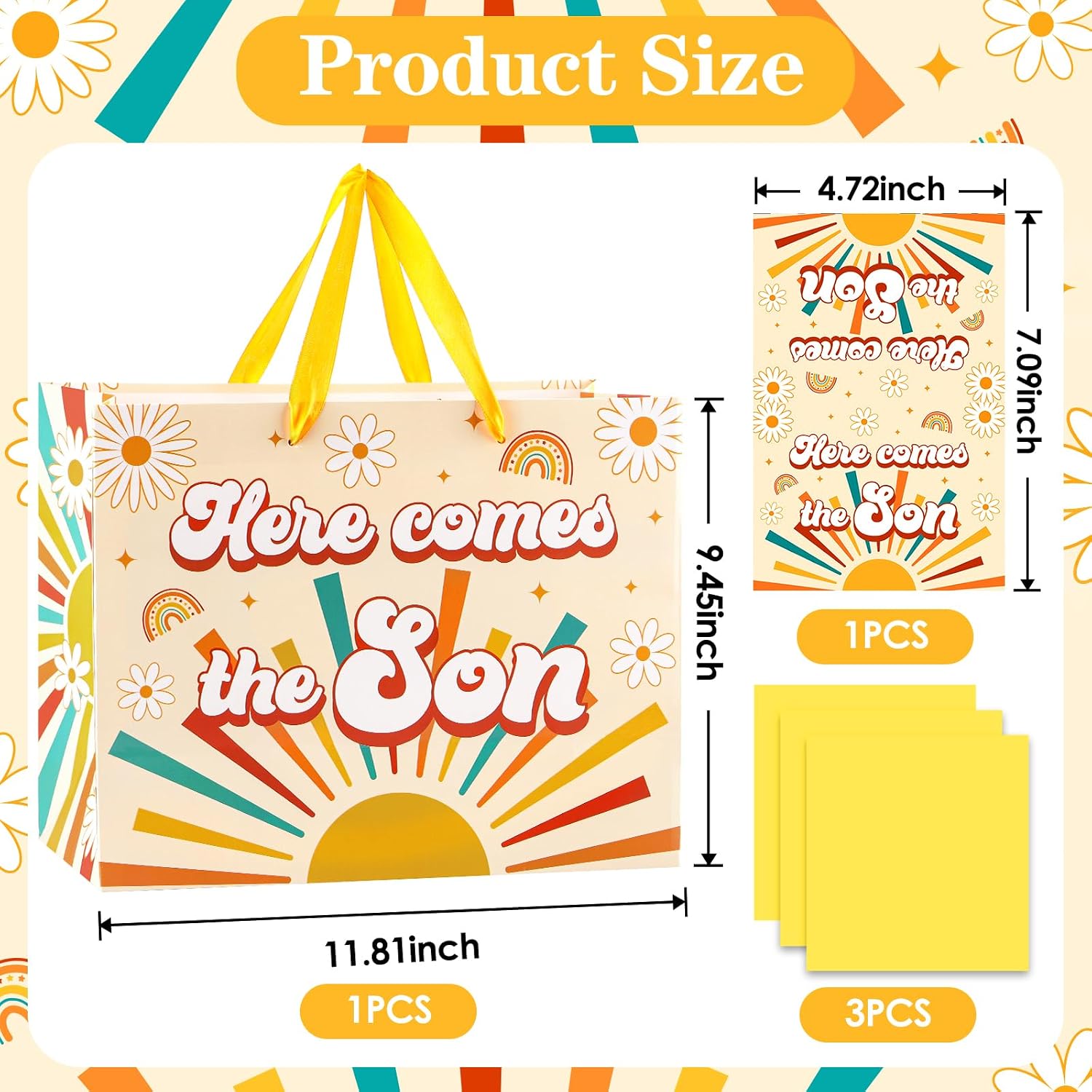 TAKEALOOKO Here Comes the Son Goodie Bags - Boho Sun Party Favor Bag with Wrapping Paper and Greeting Cards,Bohemia Sunshine Gift Bag for Boys Kids Baby Shower Supplies
