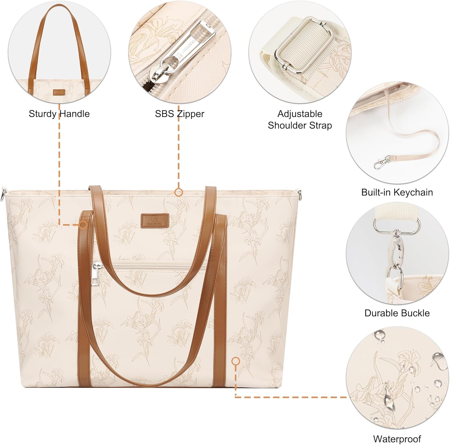 Laptop Bag for Women 17 Inch, Leather Laptop Tote Bag Waterproof Computer Bag Office Work Bag Business Briefcase with Compartment&Shoulder Straps (A3-Beige/Brown Flower, 17.3 inch) - Image 7