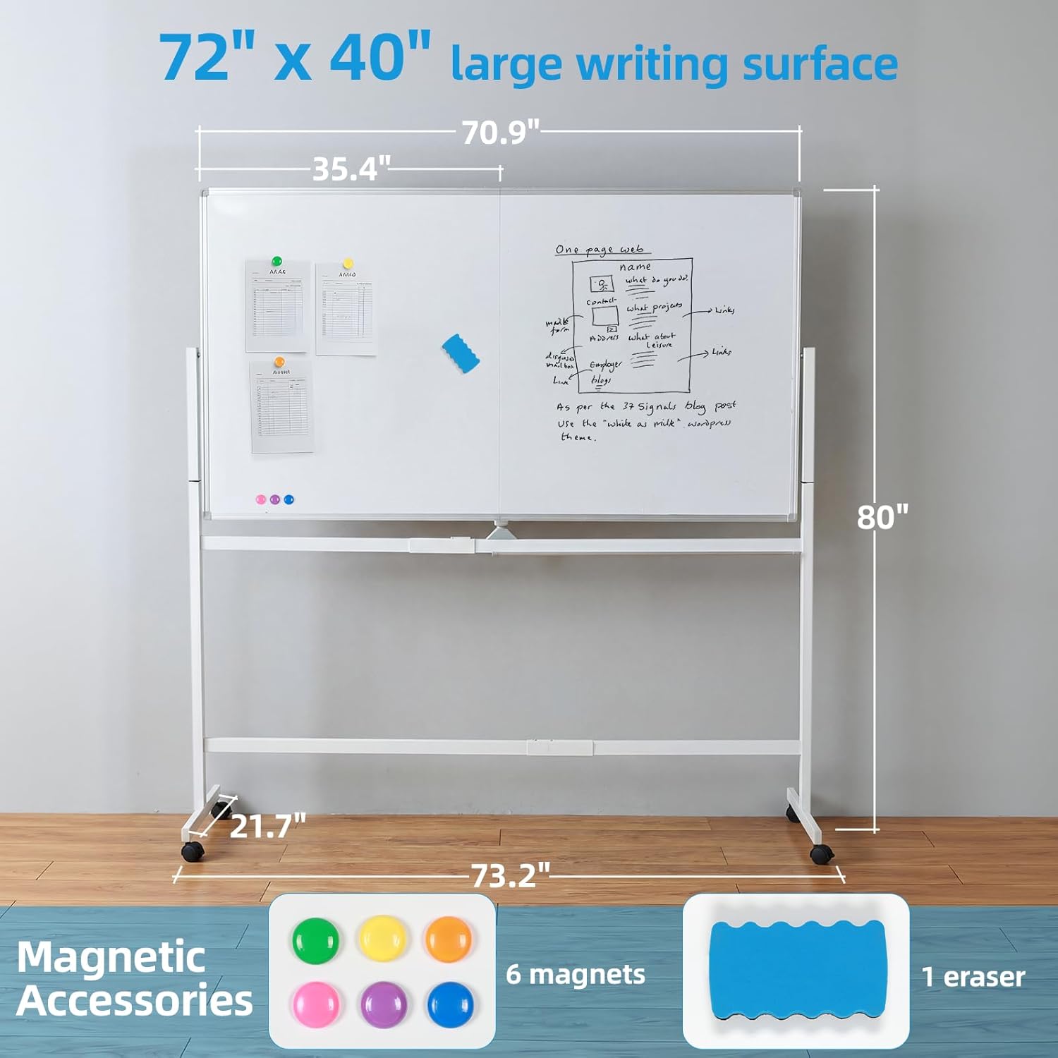 VOWNER Double-Sided Magnetic Whiteboard, 72" x 40" Large Mobile Dry Erase Board, Reversible Rolling White Board with Aluminum Frame & Stand, for Home Office, Classroom, School, White