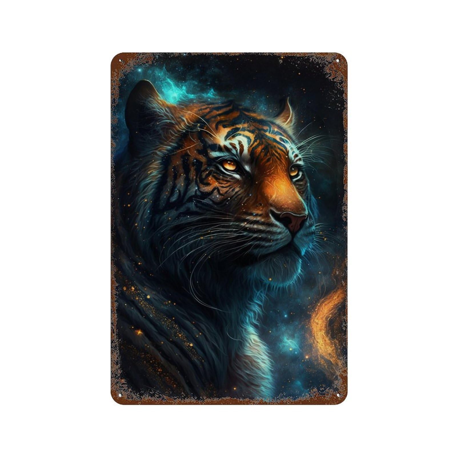 Galactic Tiger Portrait-35 11.8"x7.9" Distressed Metal Wall Sign, Shabby Chic Decor for Shed, Workshop And Garage Wall Decor