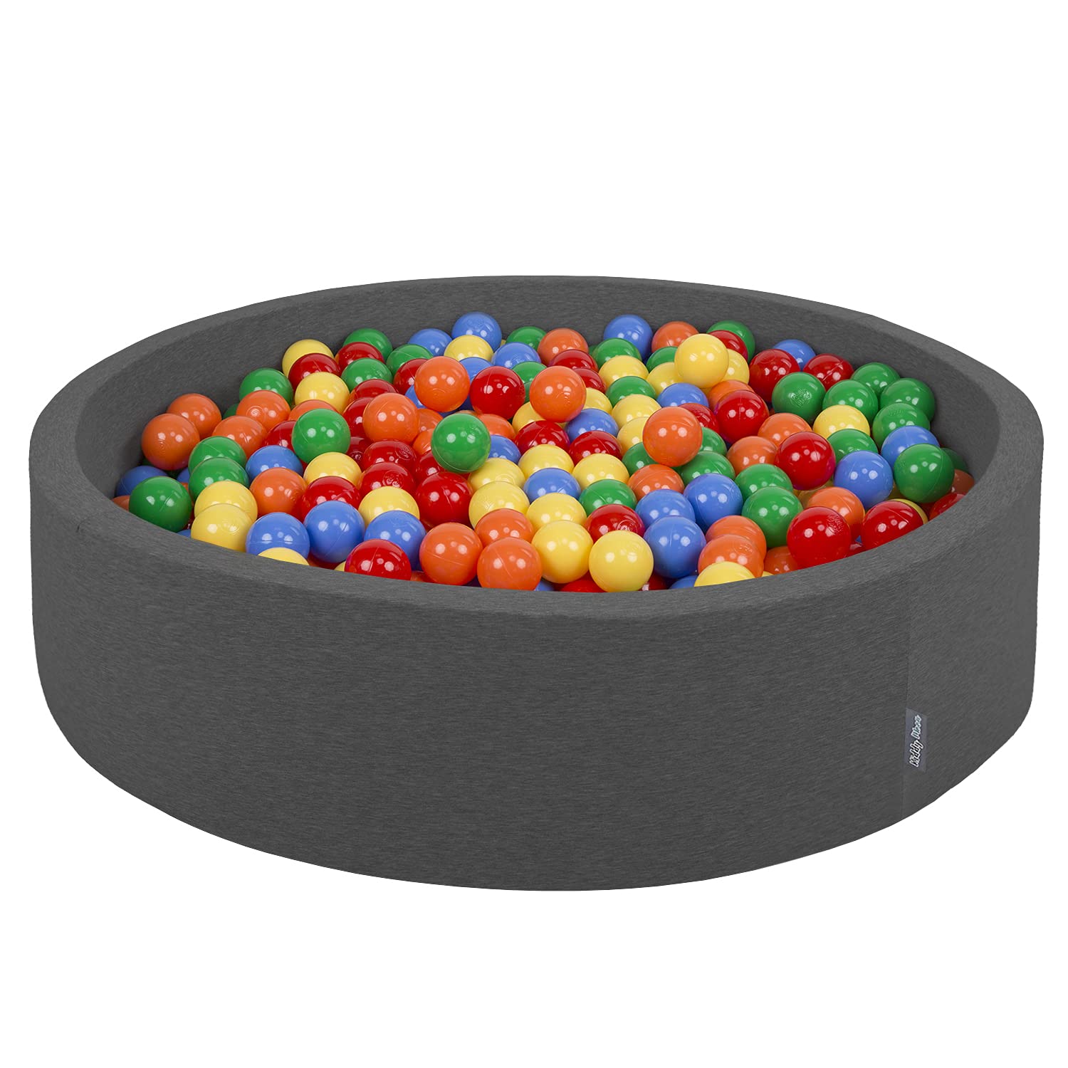 KiddyMoon Soft Ball Pit Round 120X30cm/300 Balls ∅ 7Cm / 2.75In For Kids, Foam Ball Pool Baby Playballs Children, Made In The EU, Dark Grey:Yellow-Green-Blue-Red-Orange
