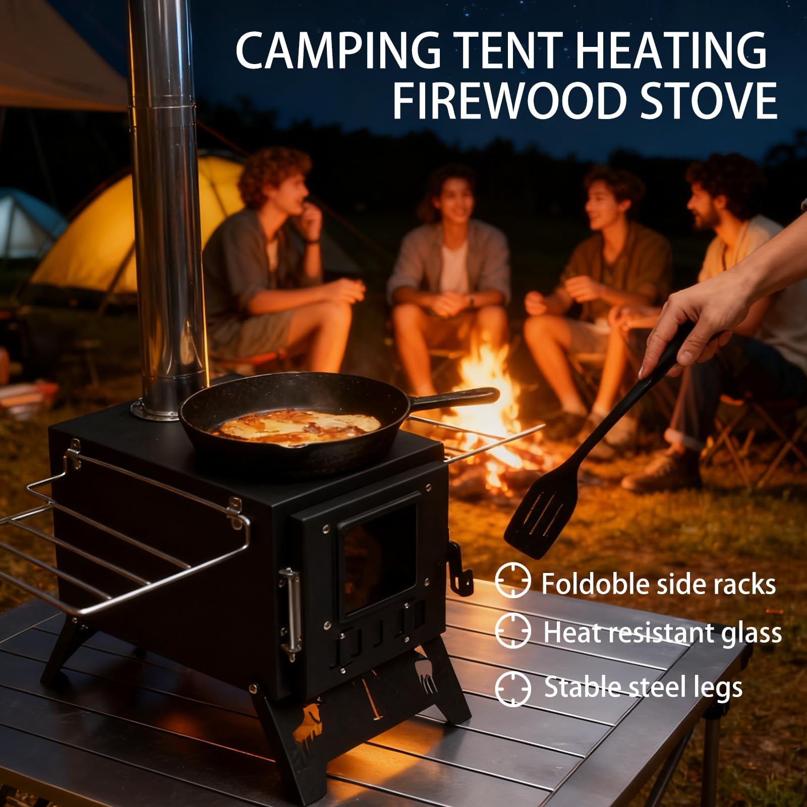 Réchaud de camping portable – Réchaud à bois avec tuyaux de cheminée et grand foyer pour la cuisine en plein air, barbecue, randonnée, pêche, chasse et chauffage