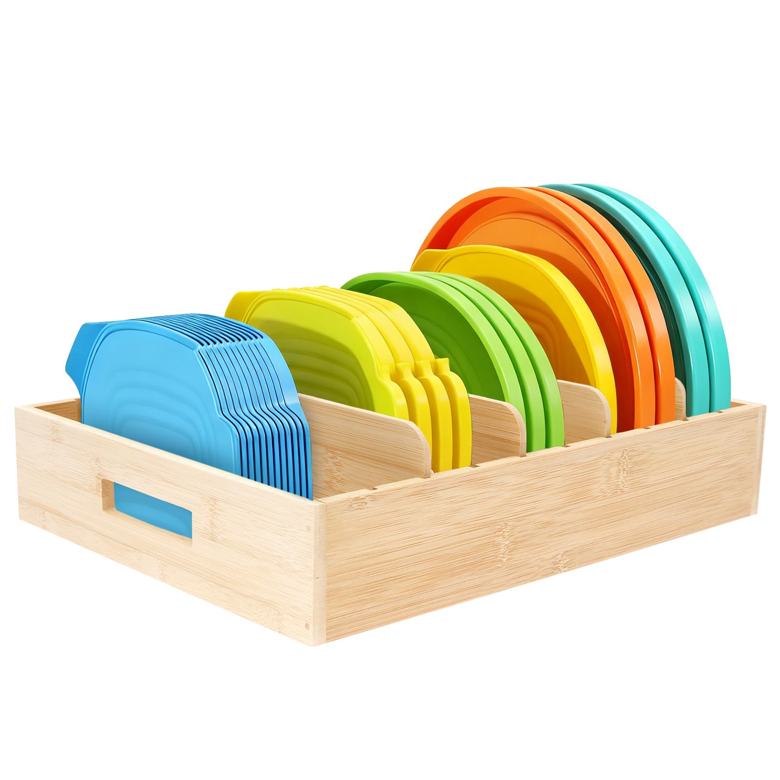 Pan Lid Organiser for Kitchen Cupboard,33x26cm Bamboo Pot Lid Holder with 4 Adjustable Dividers,Practical Food Storage Container Lids Holder Pot and Pan Organizer for Kitchen Countertop and Cupboard
