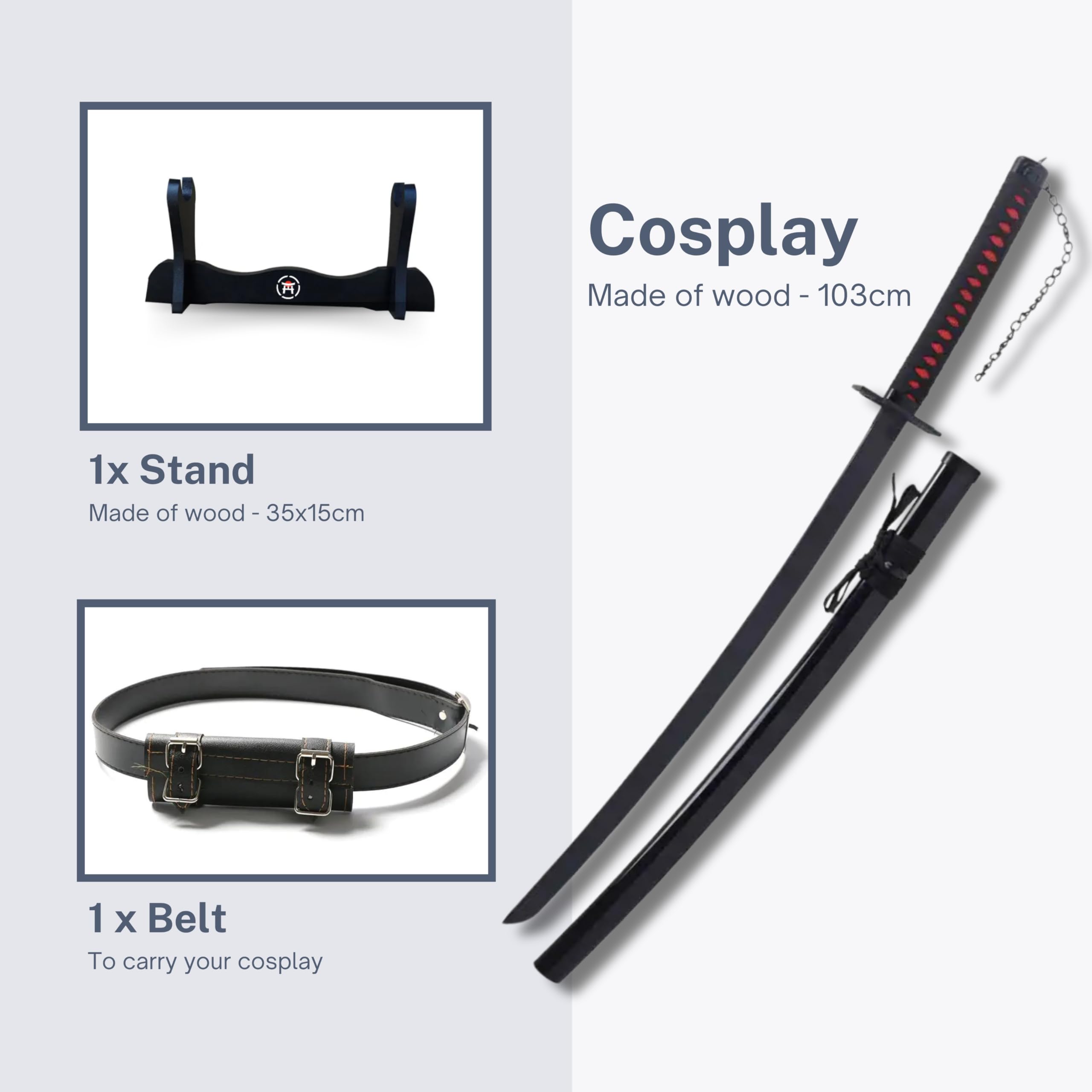 Katana Bleach - Vera Manga Sciabola + Porta Spada di Legno + Cintura - Catana Giapponese Decorazione Cosplay Giocattolo Bambini Adulti Gioco Costumi