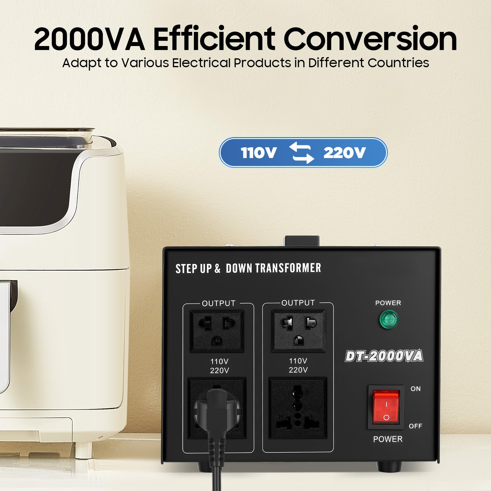 Trasformatore di tensione da 2000 W, 220 V/110 V, trasformatore con nucleo in rame, convertitore, convertitore AC, protezione da sovratensione, per più dispositivi, ecologico e robusto
