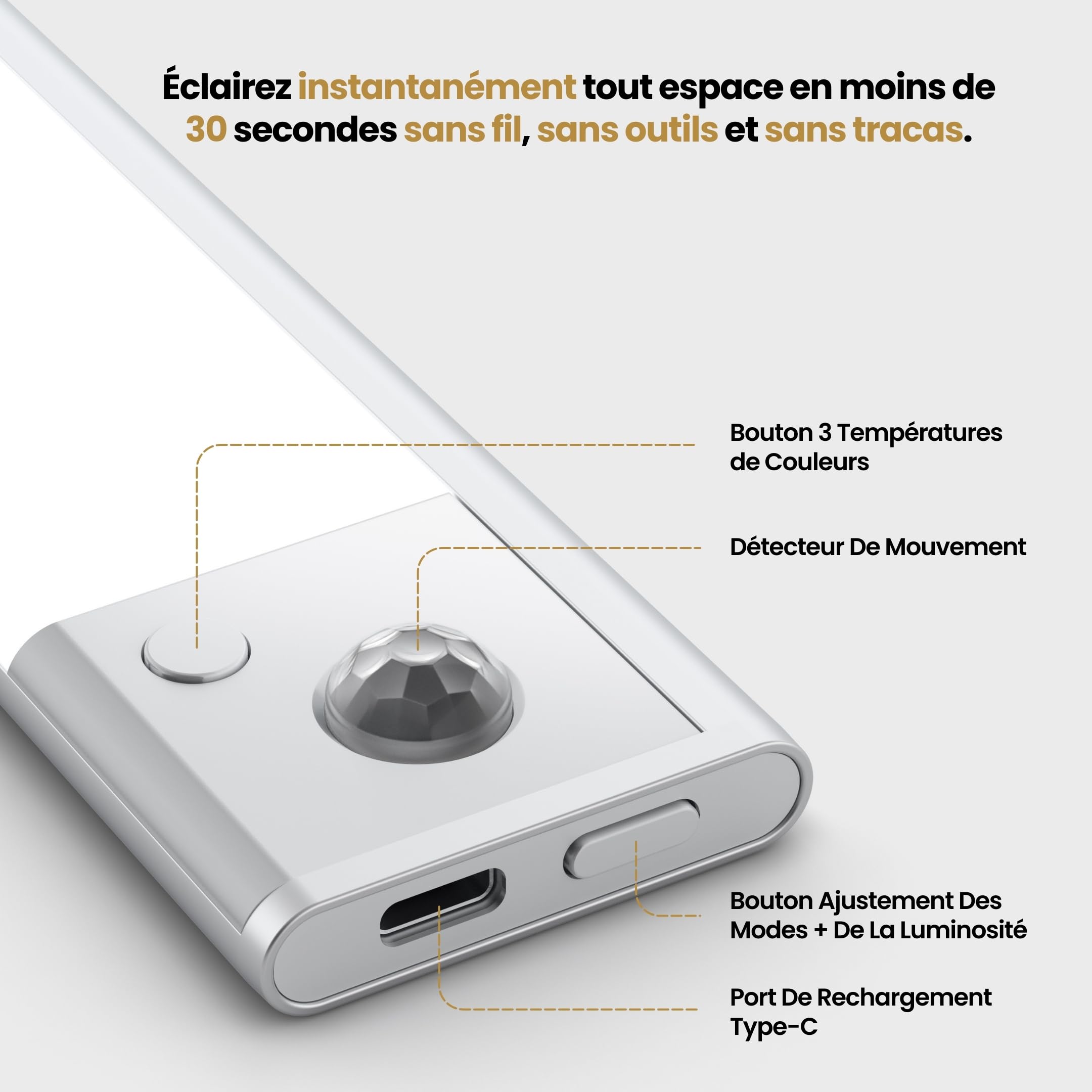 Lumic Mouvement 3.0 Réglette LED Sans Fil à Détecteur de Mouvement Rechargeable USB 3 Couleurs D'Éclairage Batterie Longue Durée 40cm