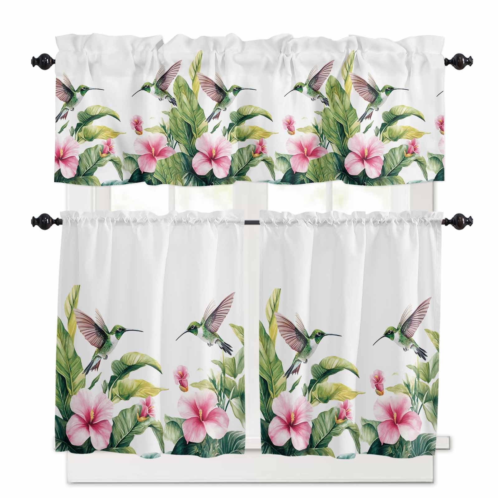 Flowers Leaves Kitchen Curtains 36 Inch Length,3 Piece Rod Pocket Small Half Tiers and Valance Set,Summer Tropical Palm Plants Birds Animals Small Large Window Treatment Decor for Bedroom/Bathroom