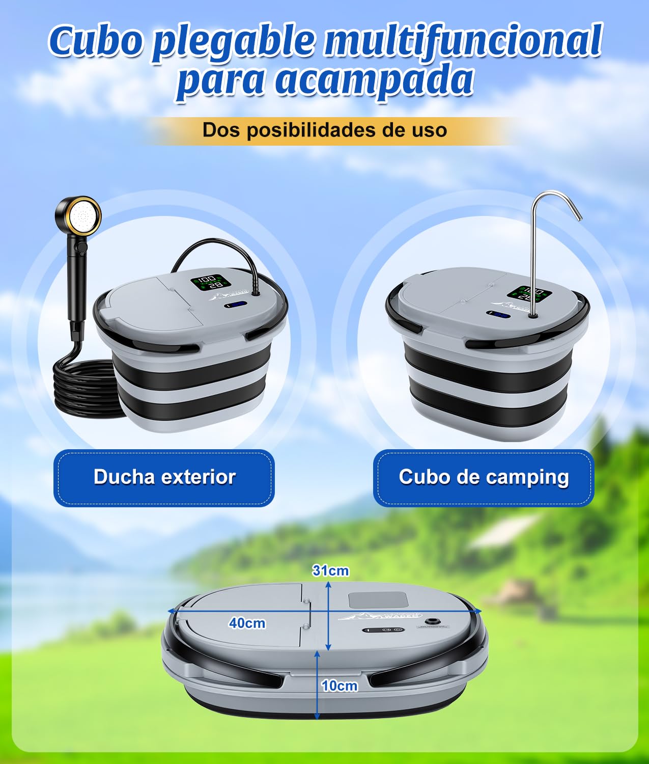 WADEO 2026 Nueva Ducha de Camping con Bomba integrada [13 000 mAh] y Cubo de Agua Plegable, 5 Niveles de Velocidad y 4 Tipos de Chorro, para Acampada, Autocaravana, Mascotas, Playa y jardín