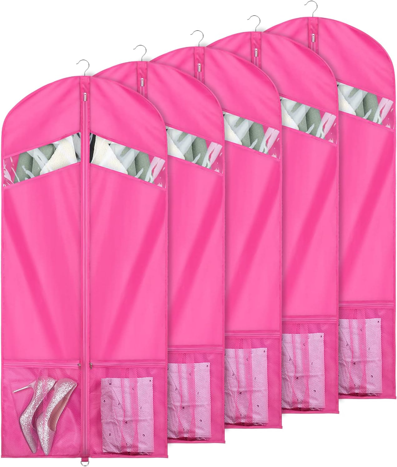 Univivi Garment Bags for Dance Costumes 54" Foldable (5 Pack) Dance Dress Bag with 2 Zipper Mesh Pockets and Clear Window,for Storage or Travel