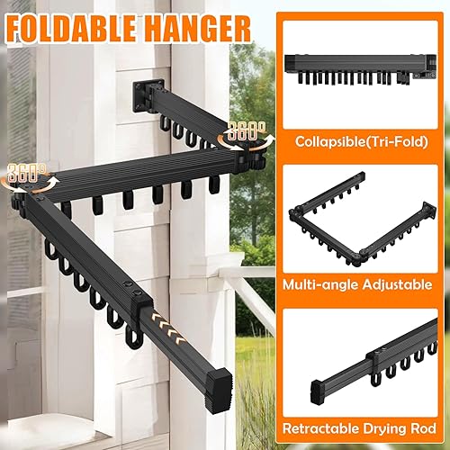 Miniatura 3 de Ahorro de espacio para lavandería negro montado en la pared (trípado)  Solo se proporcionan herramientas de instalación de punzón  Retráctil,