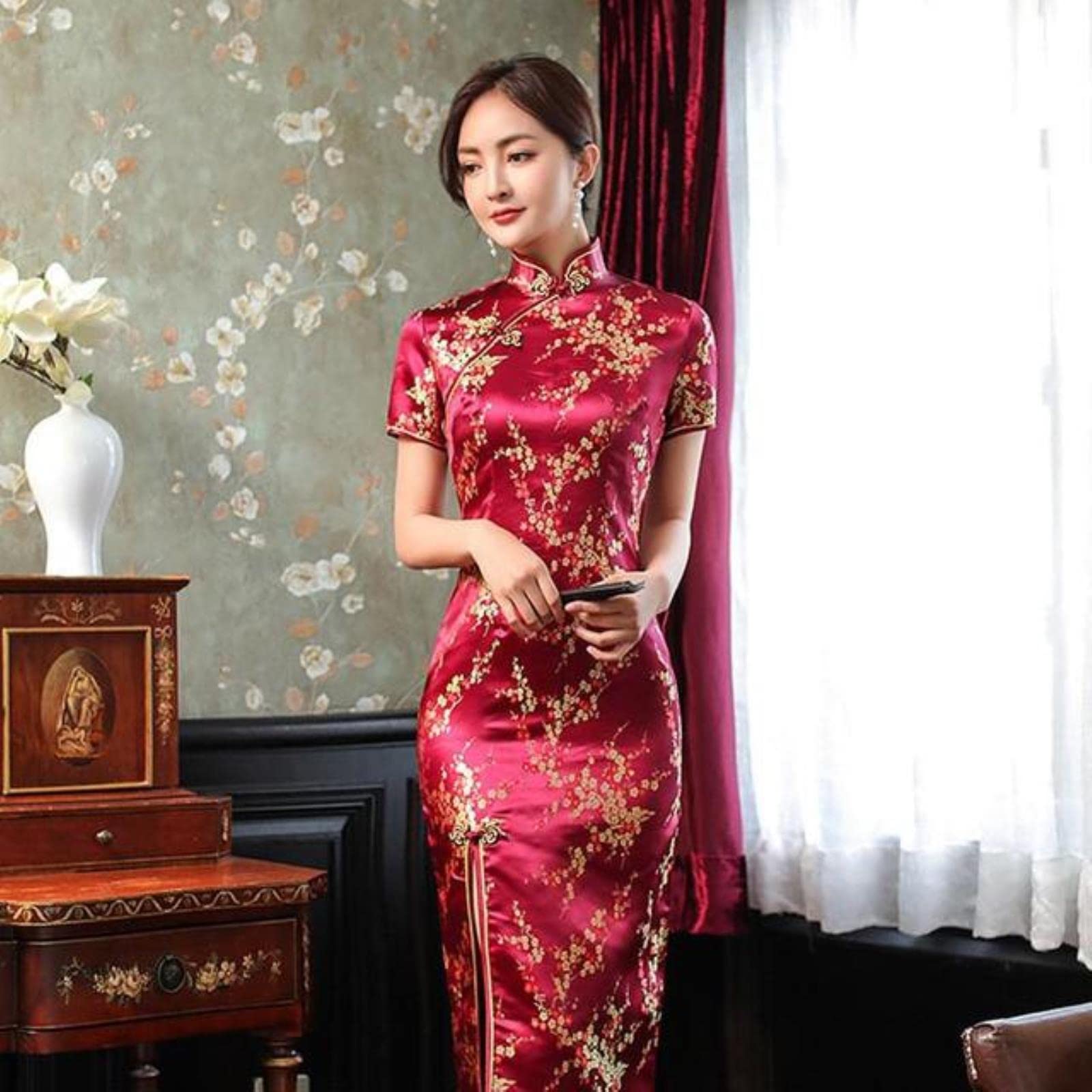 MOOCO MORNINGElegant Brocade Satin Long Fork Cheongsam Chinese Classic Women Qipao Short Sleeve Wedding Evening Party