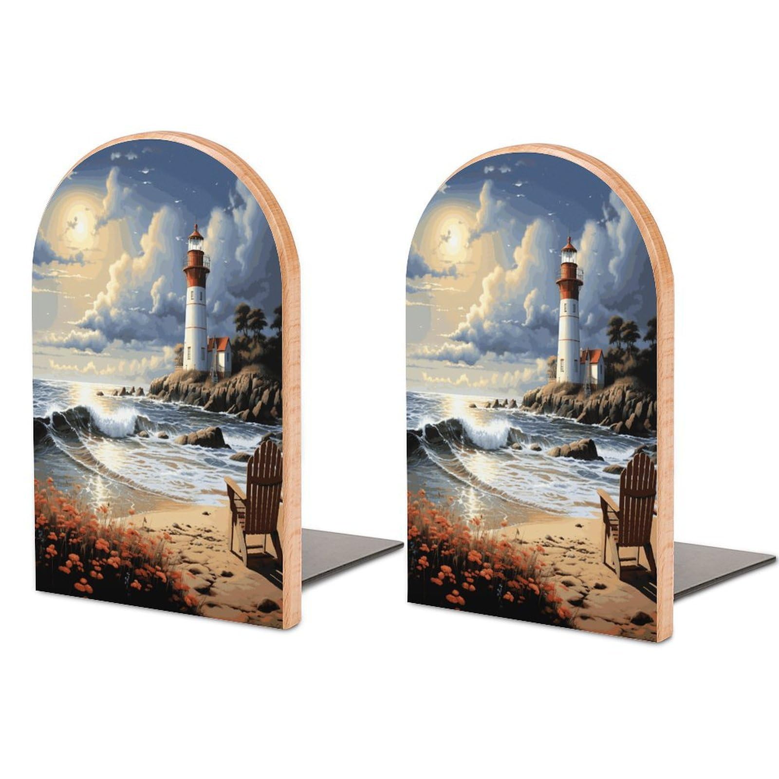 Sea Lighthouse Sandbeach Bookend for Shelves Non-Skid Book Holder Modern Heavy Duty Bookend Stopper Metal Base Wood Book End Books Shelf Holder Home Decorative 1pair 5x3.9x3.1