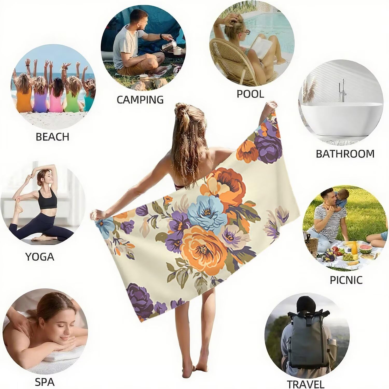Toalla Playa Microfibra 150x200 Flores Diseño Super Absorbente Sin Arena Toalla Playa, con Cuerda Elástica, Ligero, Hombre, Mujer Ideal Toallas de Baño, Aplicable Gimnasio,Viajes, Natación, Color p361