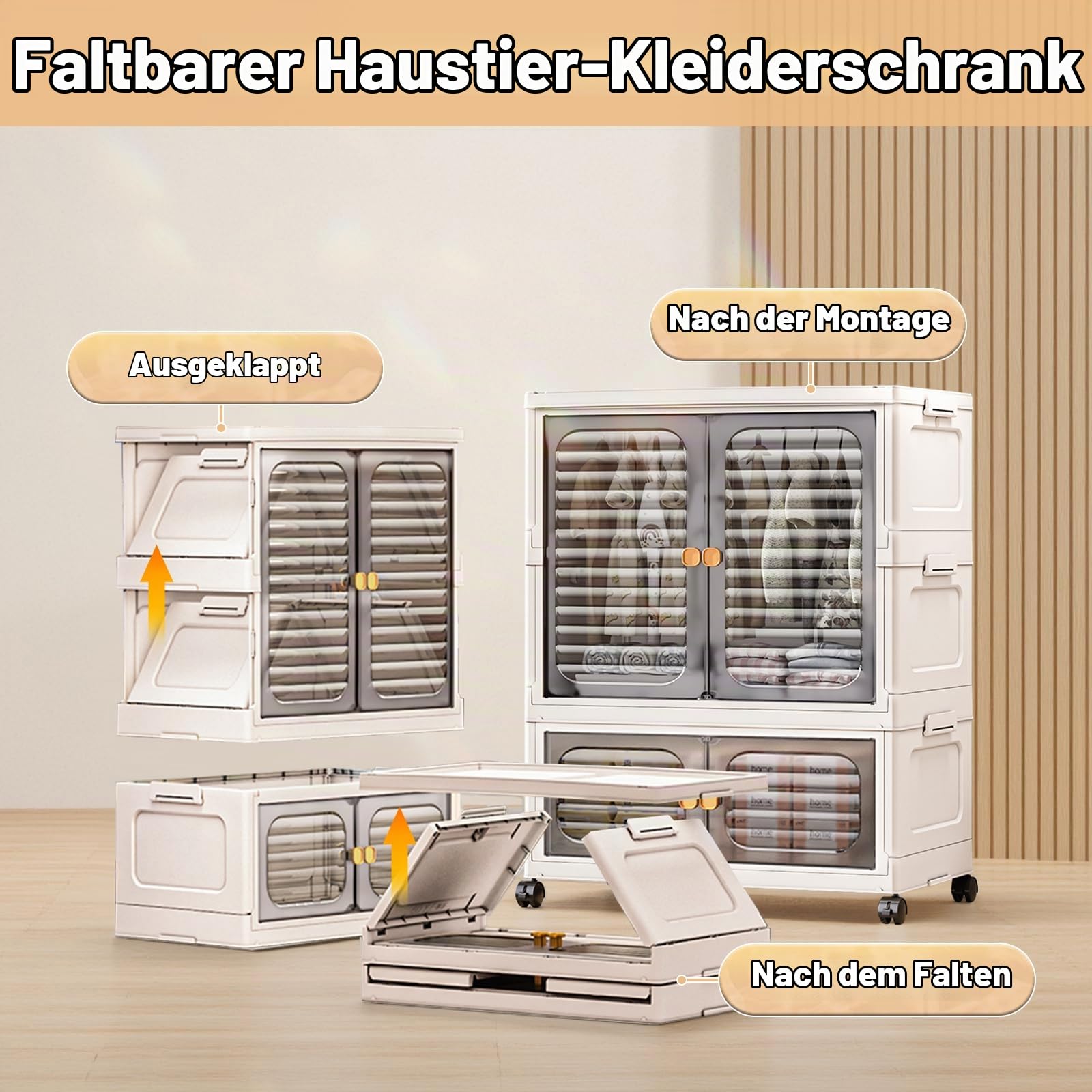 Tragbarer Kleiderschrank mit Doppeltüren, Zusammenklappbarer Schrank mit Rollen, Stapelboxen Kunststoff Klappkommode mit 1 Aufhängung + 1 Aufbewahrungen, 60 x 35 x 79cm, Weiß