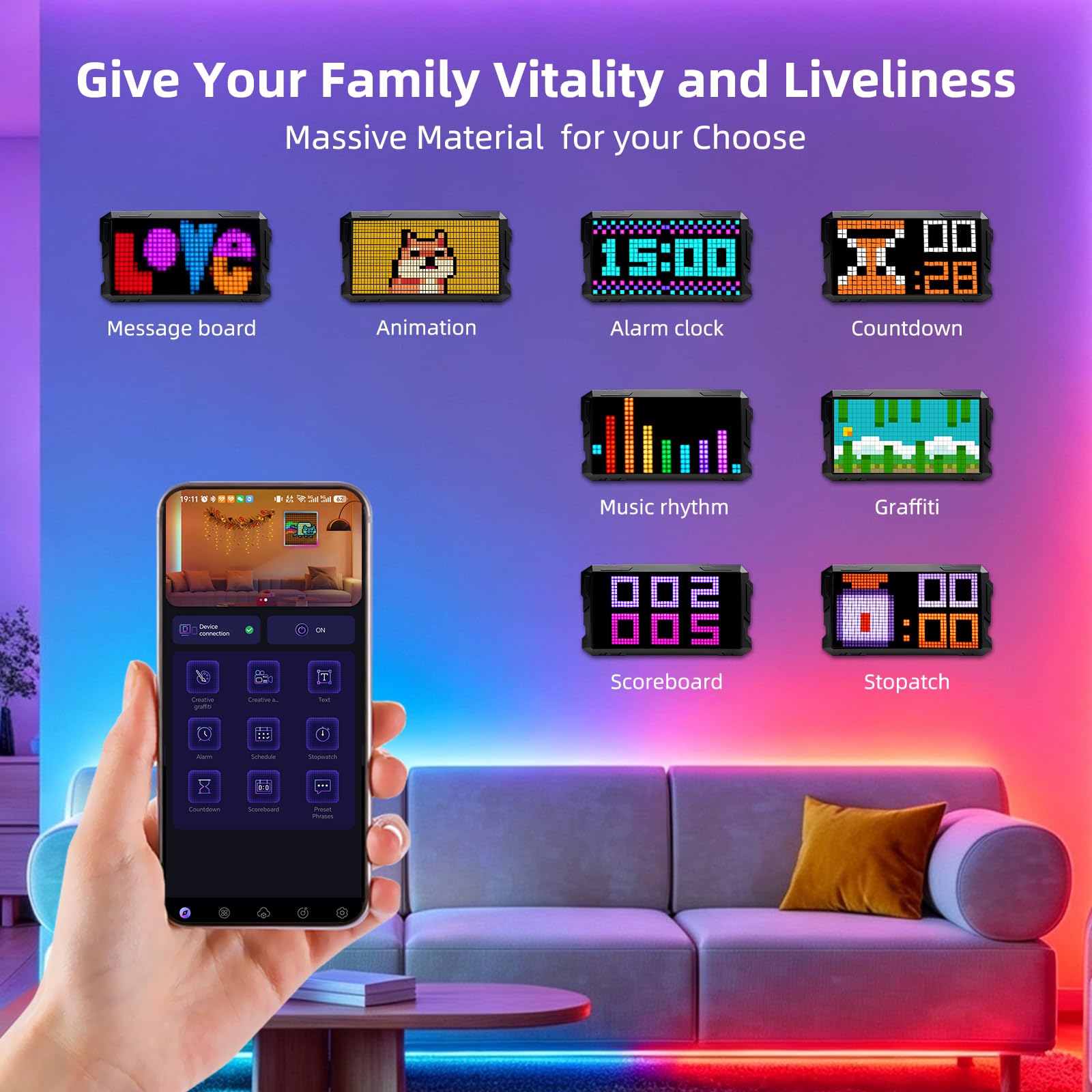 Pixel Art Display 16 x 32 RGB, pantalla de reloj despertador inteligente, marco de señal LED de píxeles de animación, panel digital programable, control de aplicación Bluetooth, regalo de Navidad para